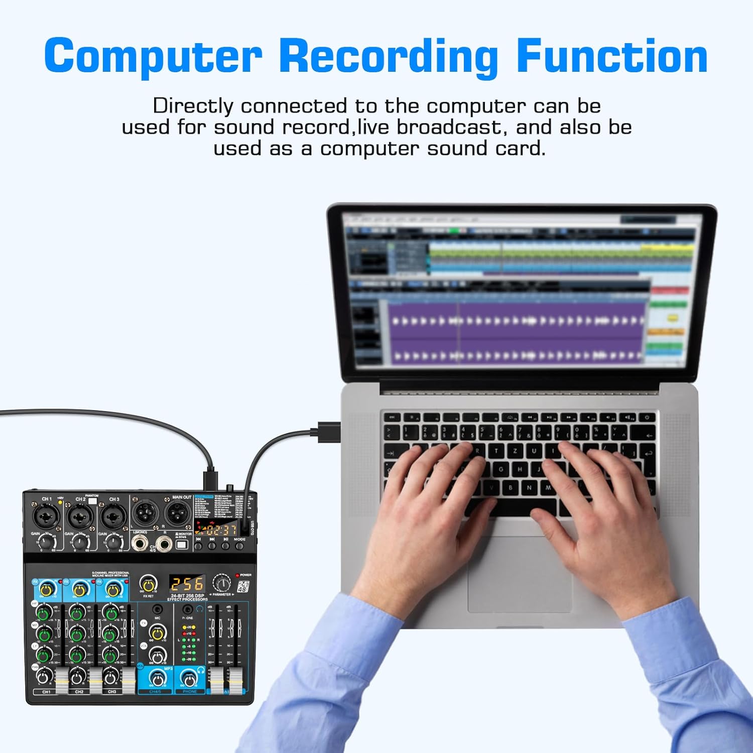 Depusheng Professional Audio Mixer Digital FX 256-Bit DSP USB Bluetooth MP3 Computer DJ Mixer 5 Channel input Interface with 48V Phantom Power for PC recording Live Streaming, Podcasting, Karaok