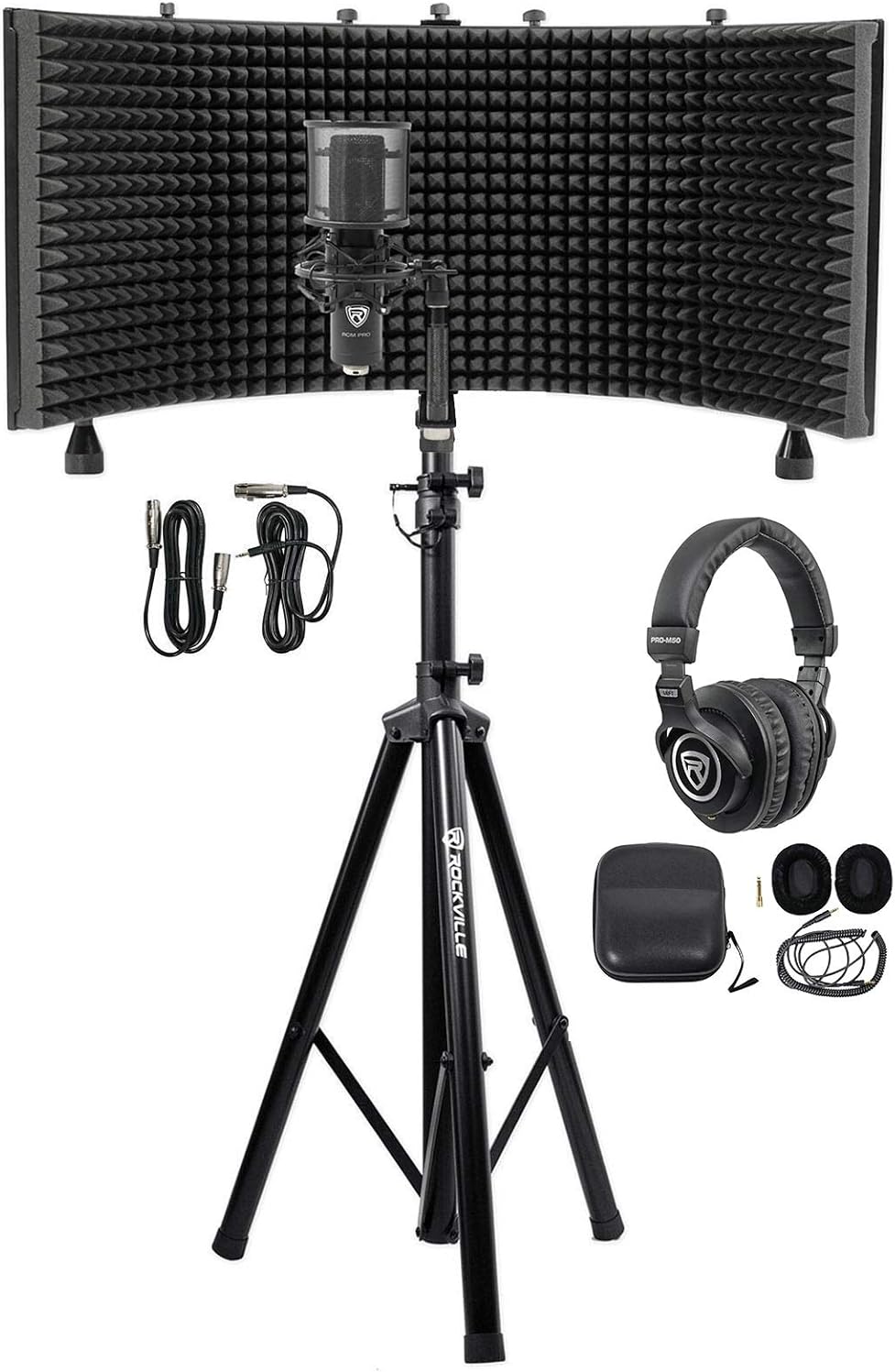 Rockville Recording Studio Bundle: ROCKSHIELD 3 Mic Isolation Shield w/Sound Dampening Foam, RCM PRO Condenser Microphone, PRO-M50 Headphones, RVES05 Tripod Stand, 4-items