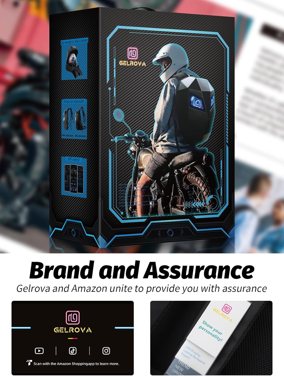 Gelrova Knight Motorcycle Backpack with LED Eyes, Waterproof Hard Shell Scooter Bag, Laptop Backpack for Riding, Cycling, Travel, Large Size 19in