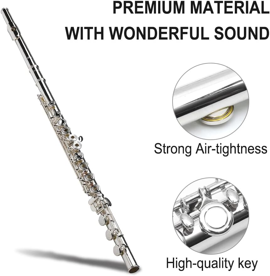 Vetimobato 17 Keys C Flute Closed Hole for Beginners, Students, Adults and Professionals– Nickel Siver Flute with Hard Case, Cleaning Kit, Tuning Rod – Easy to Play
