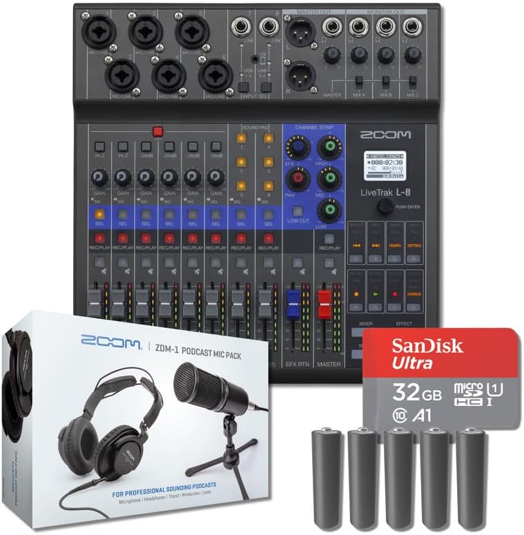 Zoom LiveTrak L-8 8-Channel Digital Mixer and Recorder with ZDM-1 Podcast Microphone Pack, 5x AA Batteries and 32GB microSD Card with Adapter