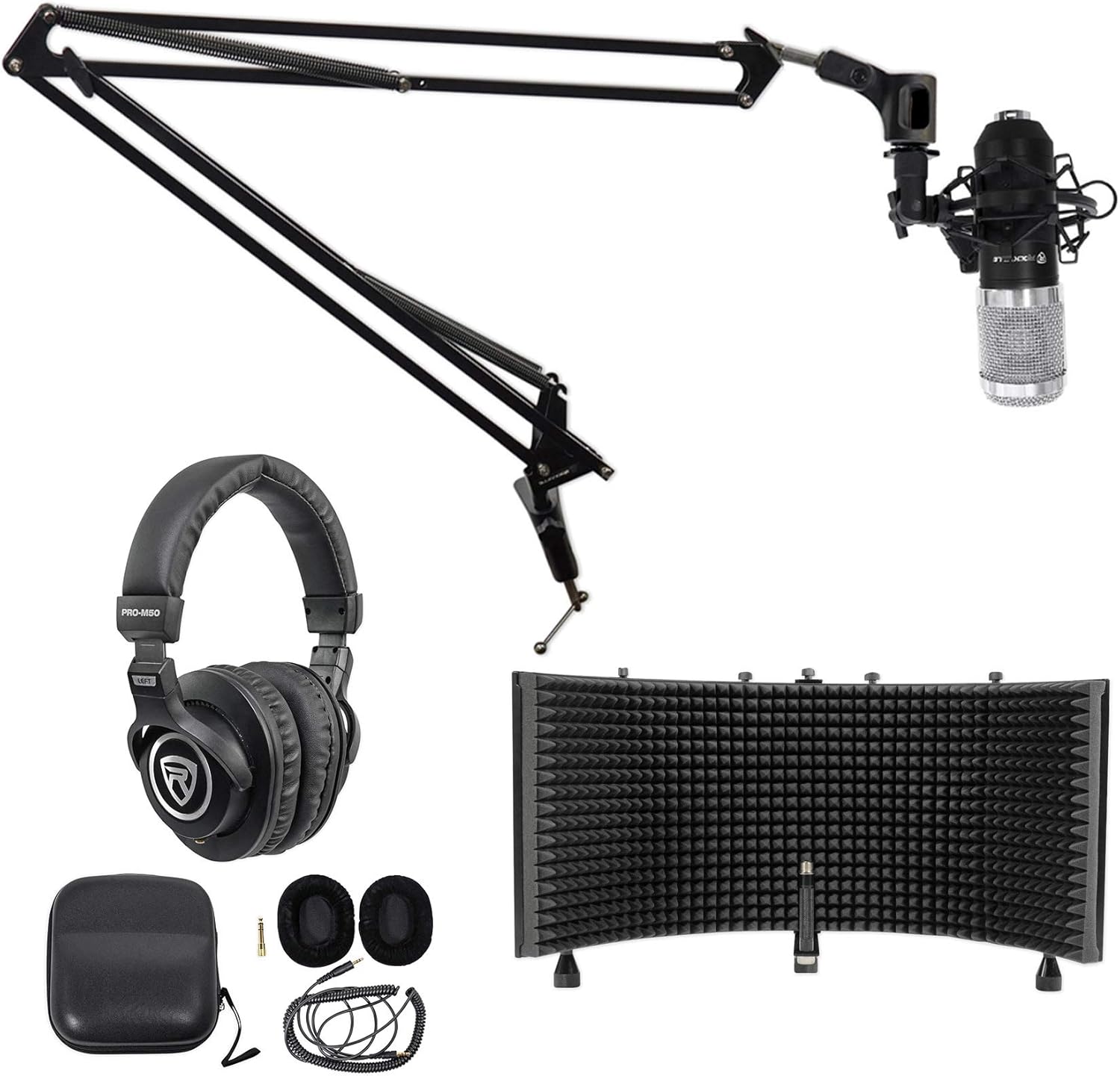Rockville RCM01 Bundle: Pro Studio Condenser Microphone with Shock Mount, DMS40 40 in Boom Arm Stand with Desk Clamp, PRO-M50 Headphones, ROCKSHIELD 3 Mic Isolation Shield, 4-Items