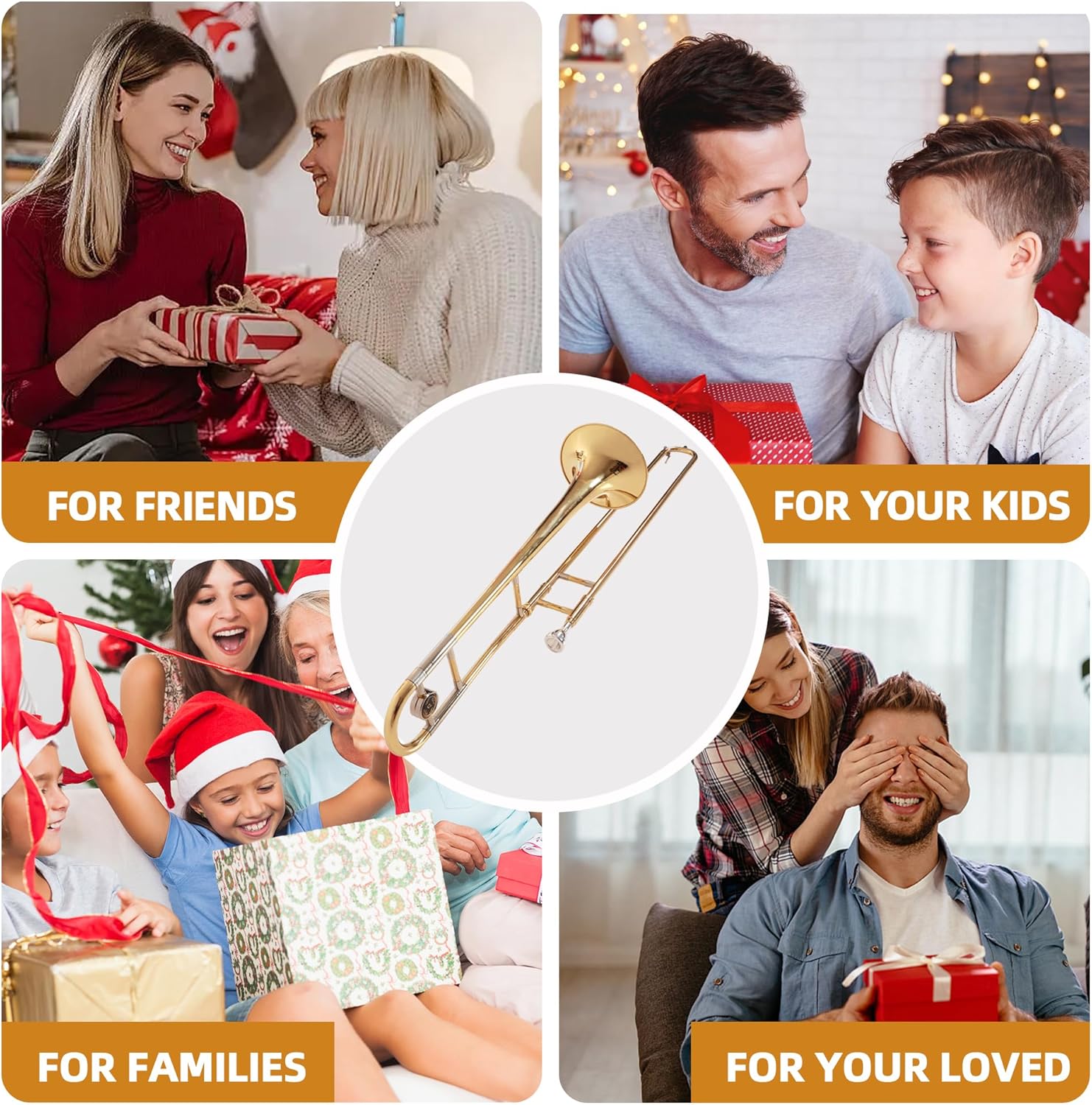 Bb Tenor Slide Trombone for Students Beginners, B Flat Brass Plated Trombone Instrument with Hard Case Mouthpiece White Gloves and Cleaning Kit (Gold)