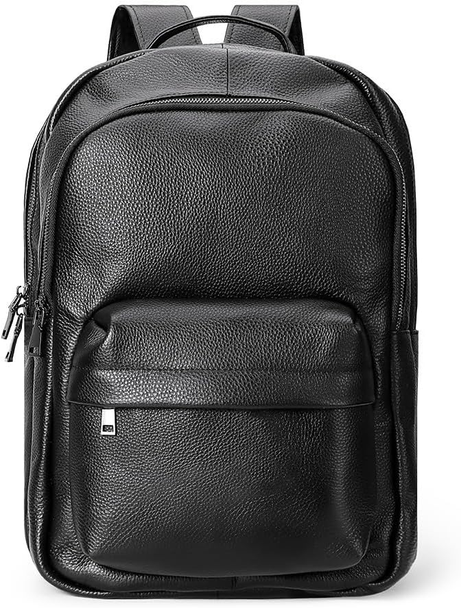 Genuine Veg Tan Leather Backpack for Men Multi Functional Laptop Business Travel Luxury Work Daypack Gift Box (Black)