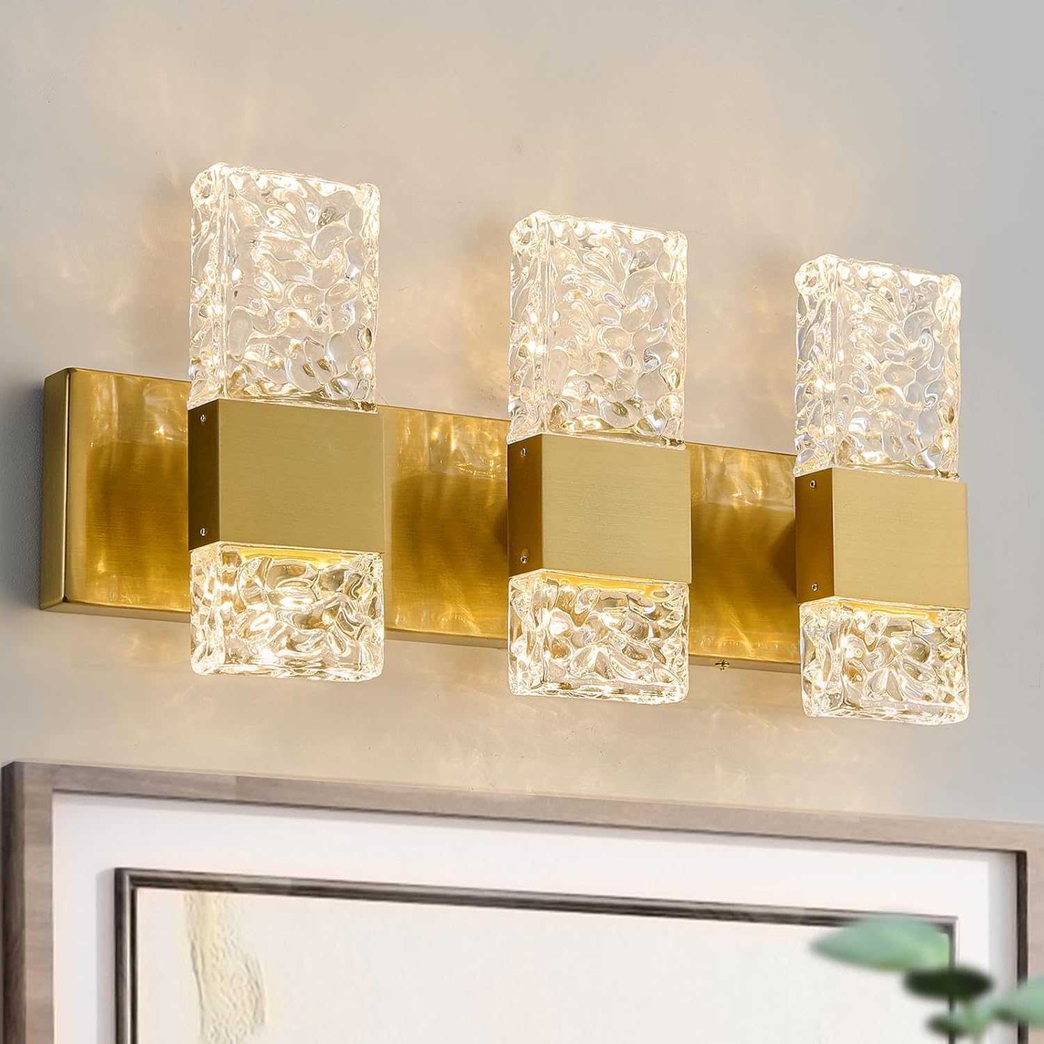 Gold Bathroom Vanity Lights Fixtures Over Mirror LED Crystal Modern 3 Light Brushed Stainless Steel Wall Mount Light for Bathroom Lighting Fixtures 3000K 30Watts Warm Light
