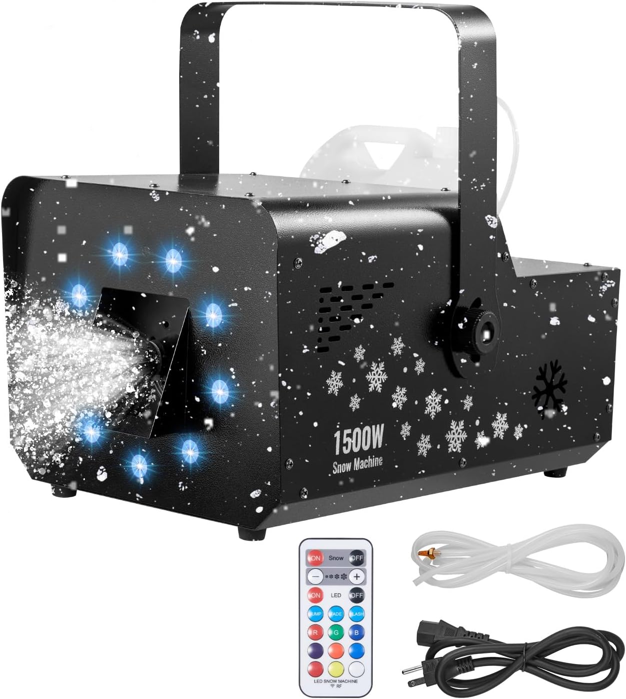 VEVOR 1500W Snow Machine with RGB DMX512 Signal Control, 9 LED Lights, Wireless Remote, High Output Snowflake Machine with 5L Tank, Portable DJ Stage Snow Maker for Christmas Parties Stage Effects