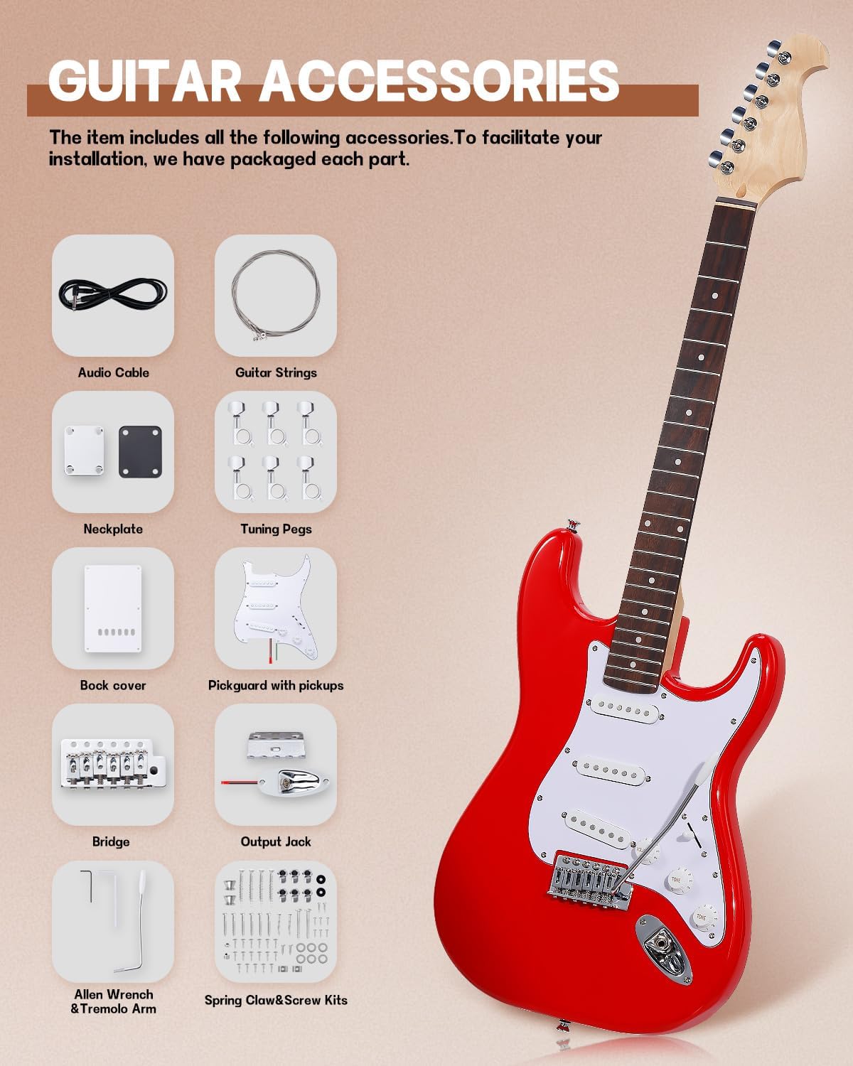 Leo Jaymz DIY ST Style Electric Guitar Kits,Spray-painted Mahogany Body,Laurel Wood Fingerboard and Maple Neck, including all Components (ST-Carnival Red)