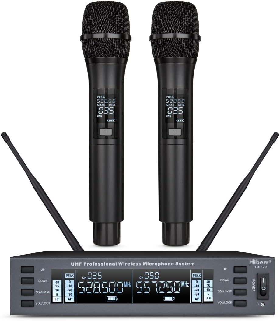 UHF Wireless Microphone – 2channel Handheld Mic, Auto Scan, 300FT Range, PA Amplifier, Signal Shielding, 8-10H Battery – Ideal for Singers, DJs, Churches & Events (YU-E20).