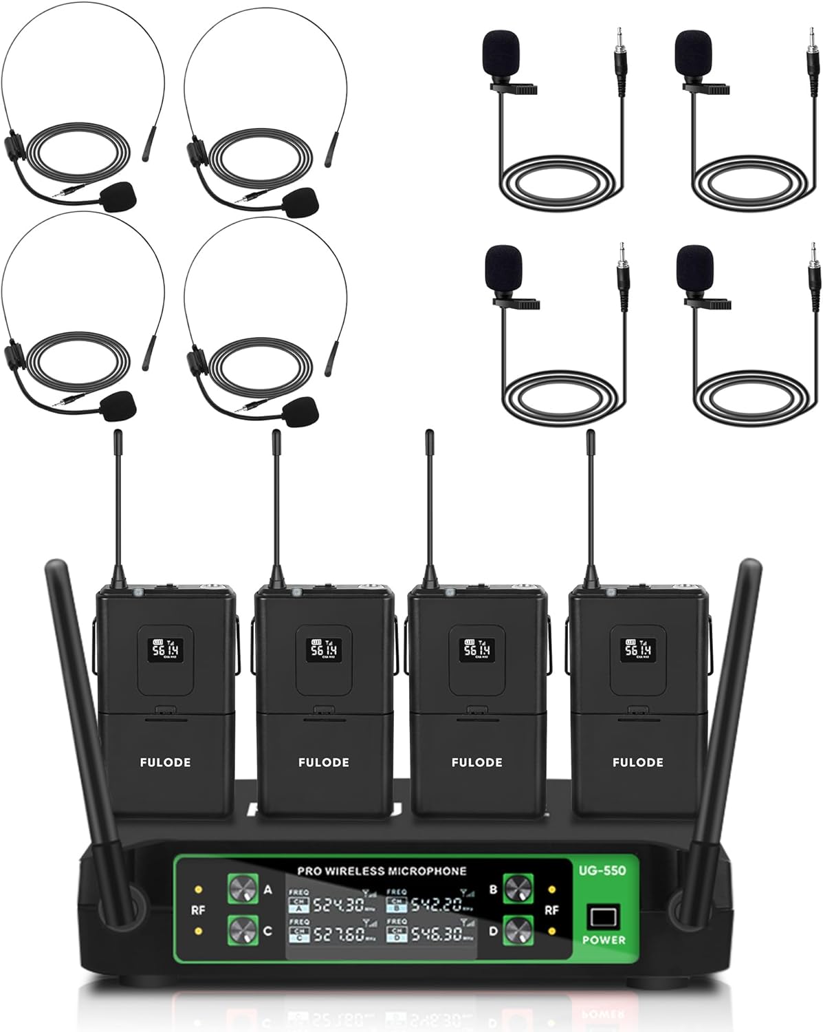 UG-550 Wireless Lapel Microphone, 4 Channel Professional UHF Wireless Microphone System with 4 Lavalier 4 Headset Mics for Singing Meeting Church Event TV Speaker (4 Bodypack, 200ft Range)