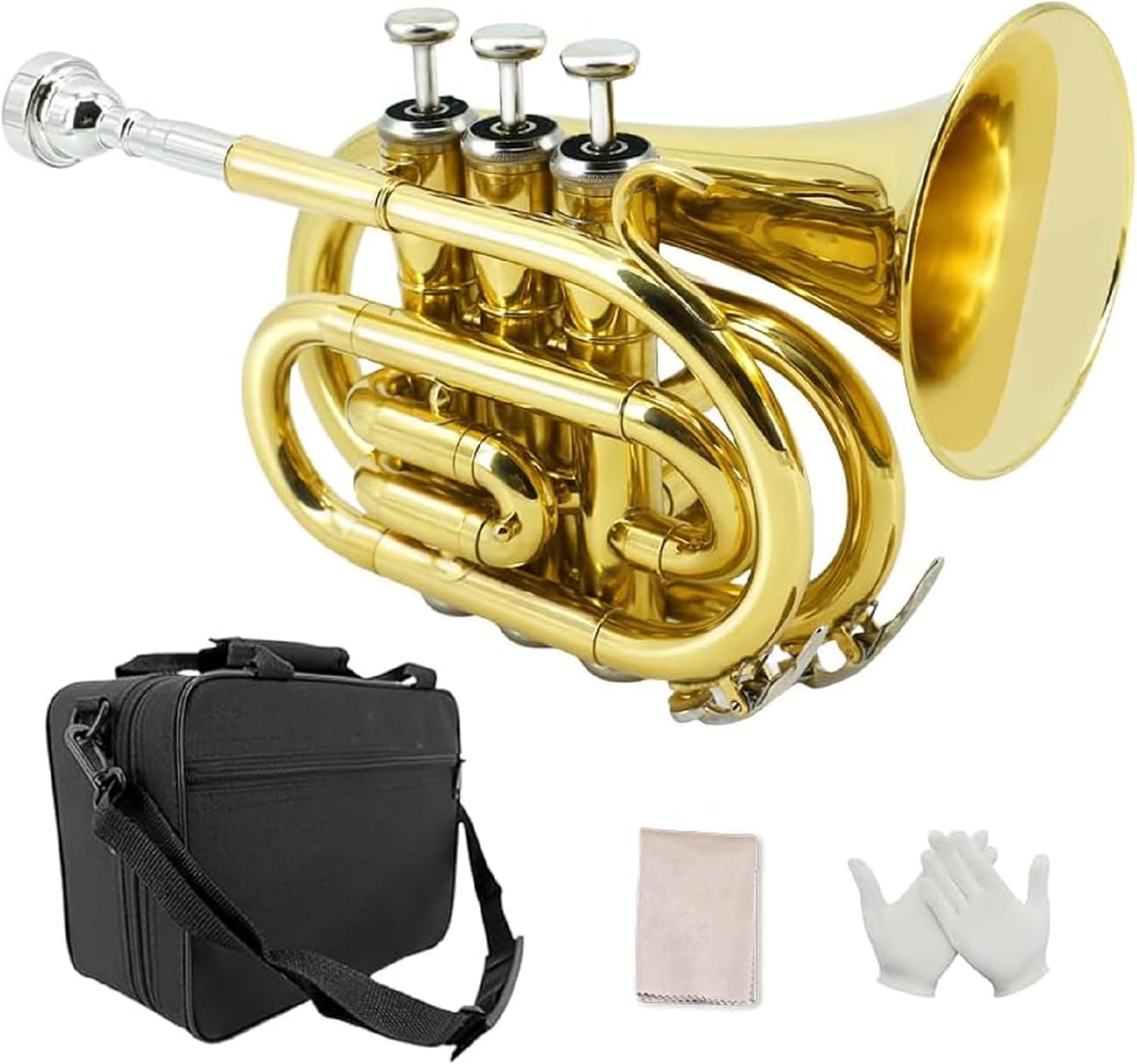 Pocket Trumpet Bb Flat Brass Trumpet for Beginner Student with 7C Mouthpiece Carrying Hard Case Cleaning Cloth Gloves
