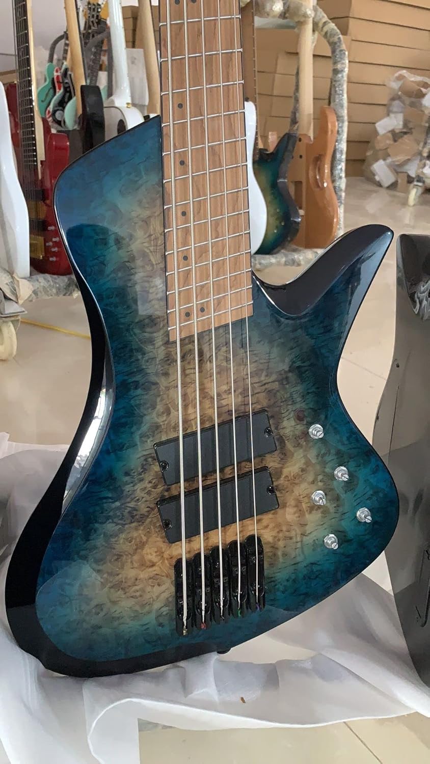 Electric Bass Guitar, Upgrade 5 String Fanned Fret Blue Burst Electric Bass Guitar, Basswood Body, Roasted Maple Neck Fingerboard