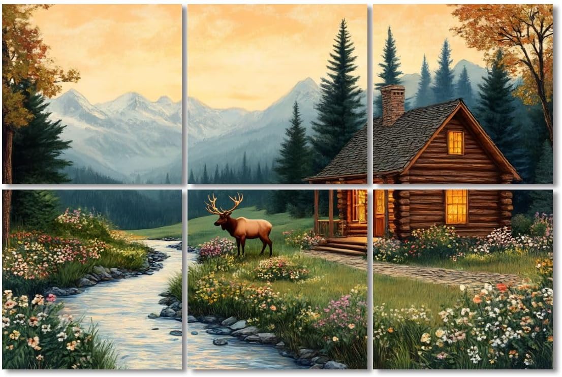 6 Pack Art Acoustic Panels Sound Absorbing Deer Cabin Forest Mountain Stream Rustic Nature Landscape Log Flowing Decorative Soundproof Wall Panels Self Adhesive for Recording Studios Office 72