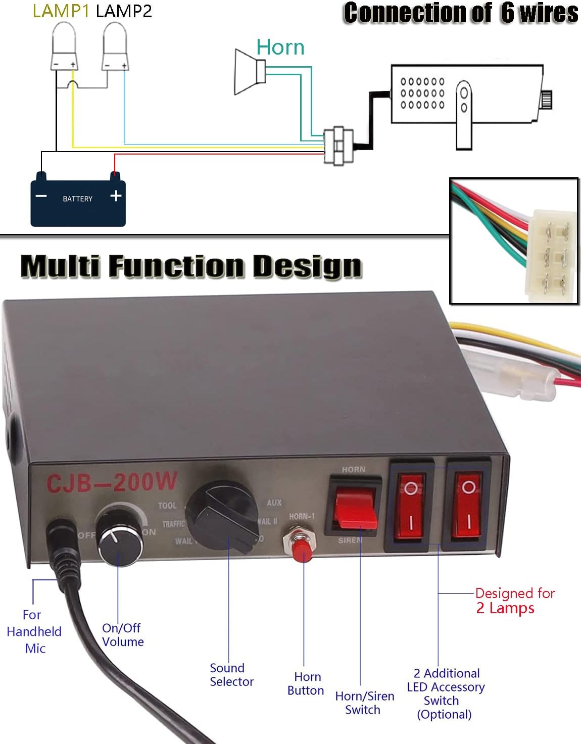 9 Tones 200W Emergency Warning Police Siren Speaker PA System Kit with Handheld Microphone & 2 Lights Control Switches for Firefighter Ambulance Vehicles Truck Car SUV ATV UTV