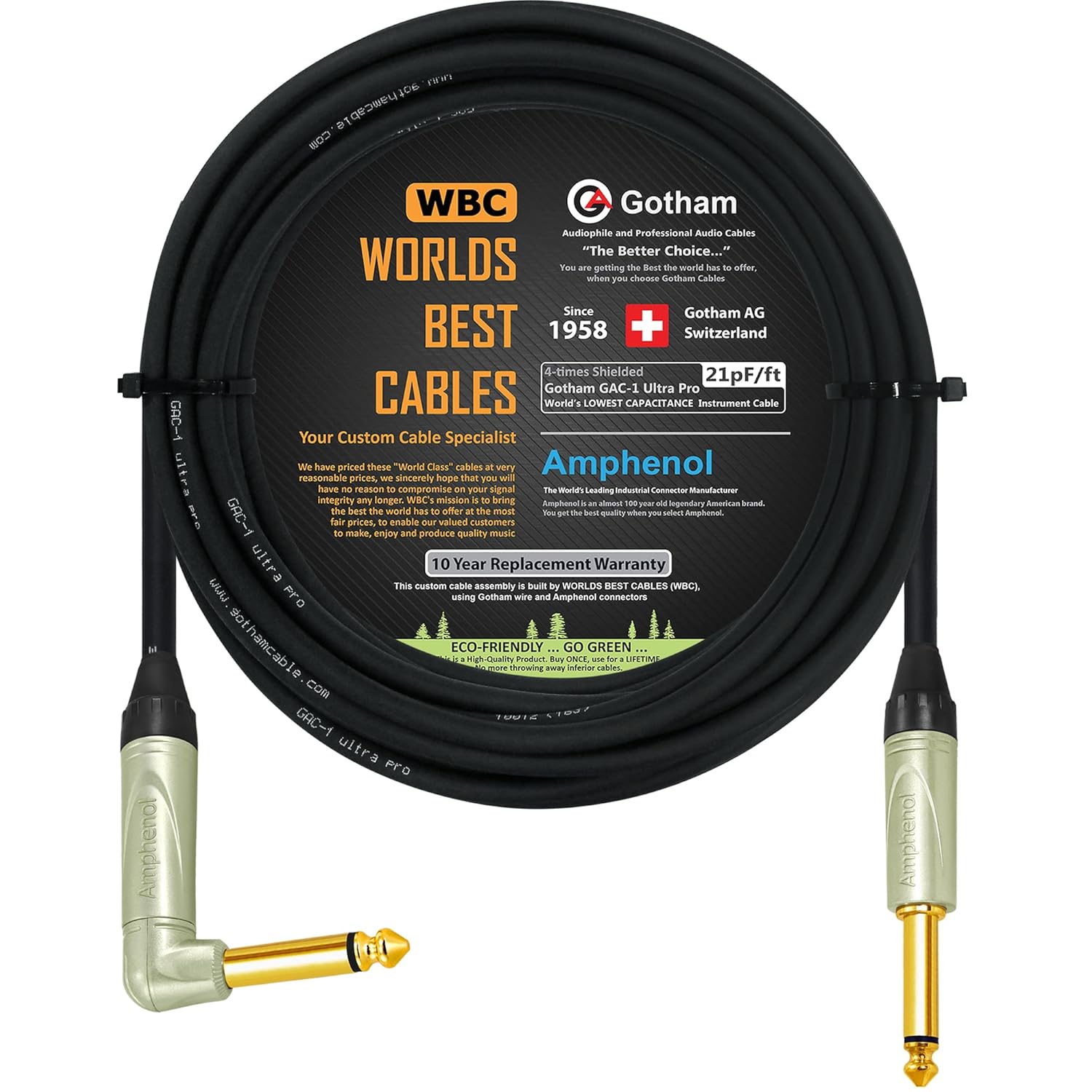 50 Foot - Gotham GAC-1 Ultra Pro (Black) - Premium, Low-Capacitance (21 pf/F) Guitar Bass Instrument Cable - Amphenol QM2R-AU & QM2P-AU ¼ Inch (6.35mm) Gold TS Connectors