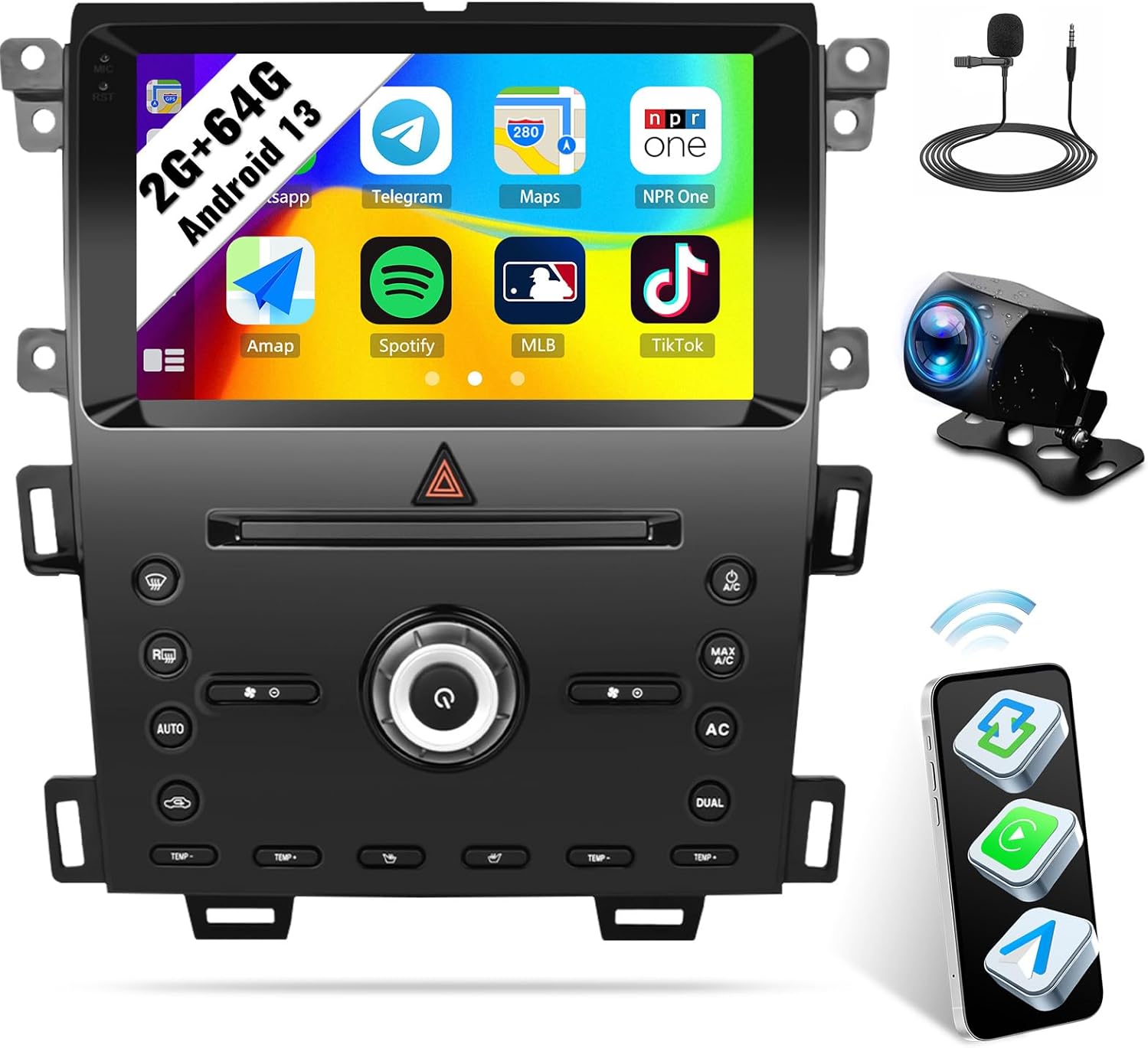 Android Car Stereo for Ford Edge 2011-2015 CarPlay Screen with Wireless Android Auto Mirror Link 2G+64G 9 Inch Touchscreen Bluetooth GPS Navigation WiFi FM Backup Camera MIC