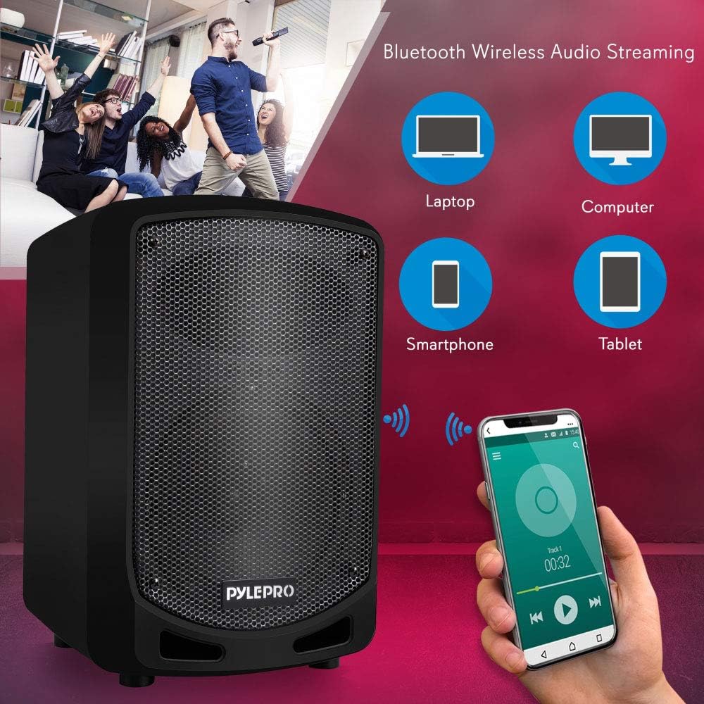 Pyle Portable Bluetooth PA Speaker System - Indoor Outdoor Karaoke Sound System w/Wireless Mic, Audio Recording, Rechargeable Battery, USB/SD Reader, Stand Mount, for Party, Crowd Control - Pyle
