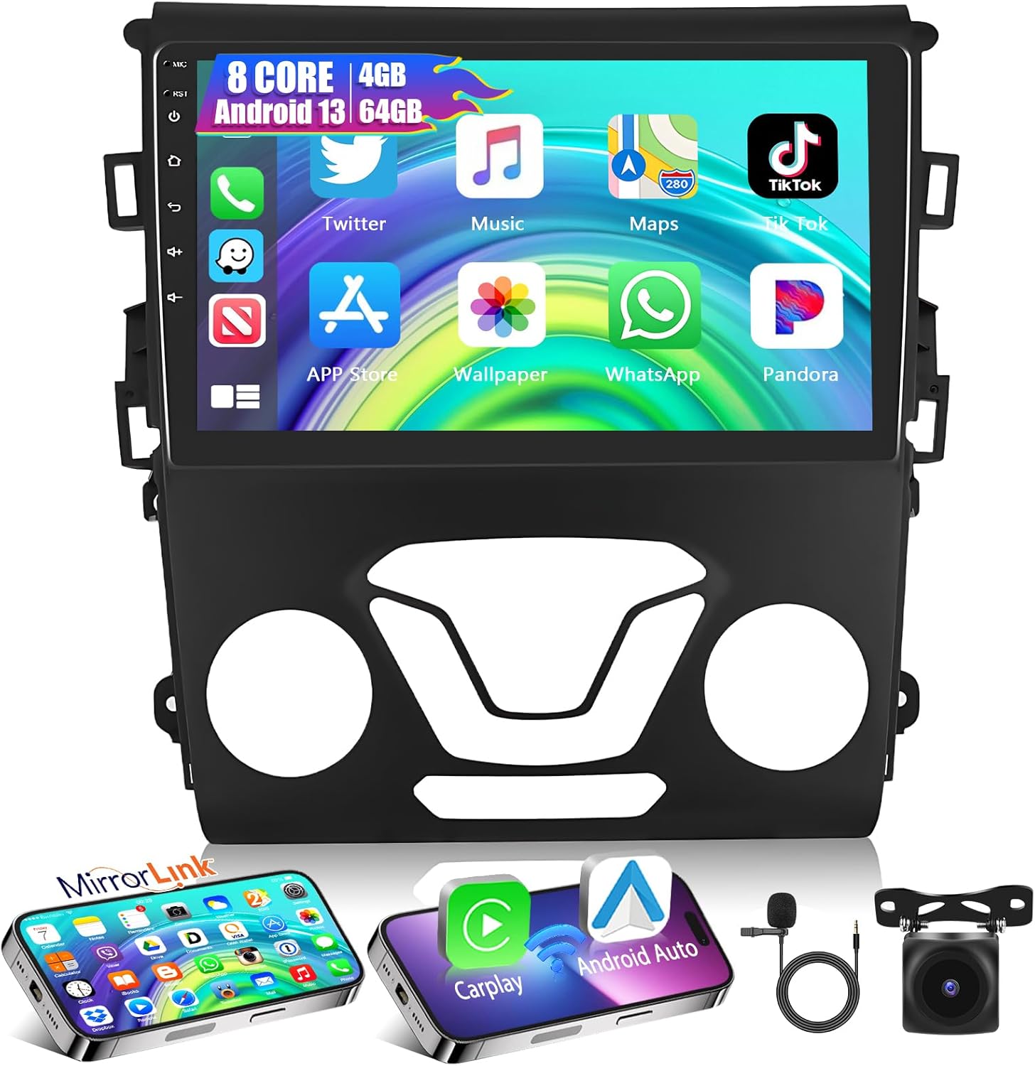 【Upgrade 4+64G】Car Stereo for Ford Fusion Mondeo 2013-2019 with Wireless Apple Carplay&Android Auto,9“ IPS Touchscreen Car Radio with Mirror Link,Bluetooth,GPS,WiFi,FM&RDS Radio+AHD Backup Camera+MIC