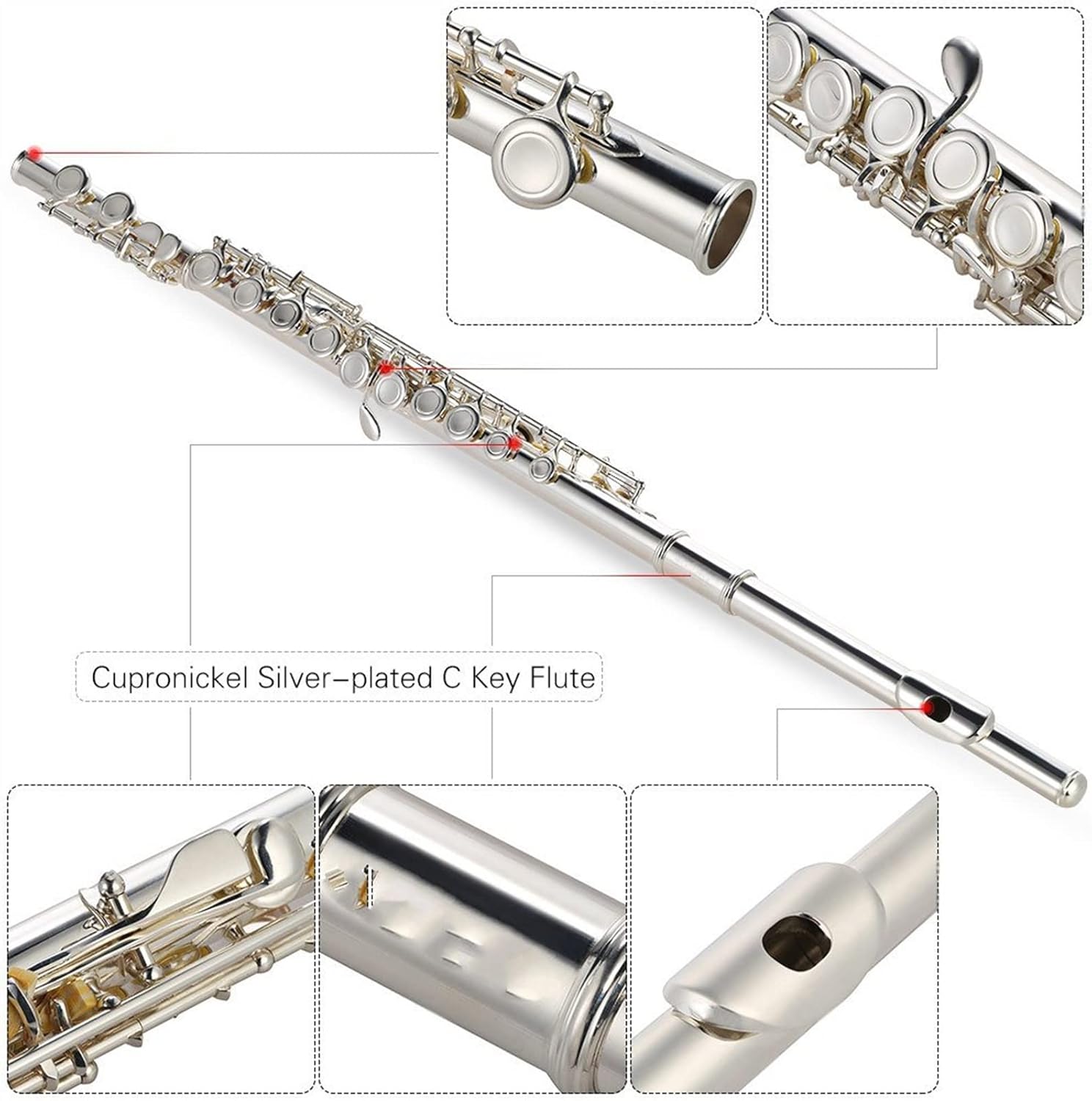 Flute Kit Flute Cupronickel Silver Plated 16 Closed Holes C Key with Case Screwdriver Wind Instruments for Beginner Intermediate Flute