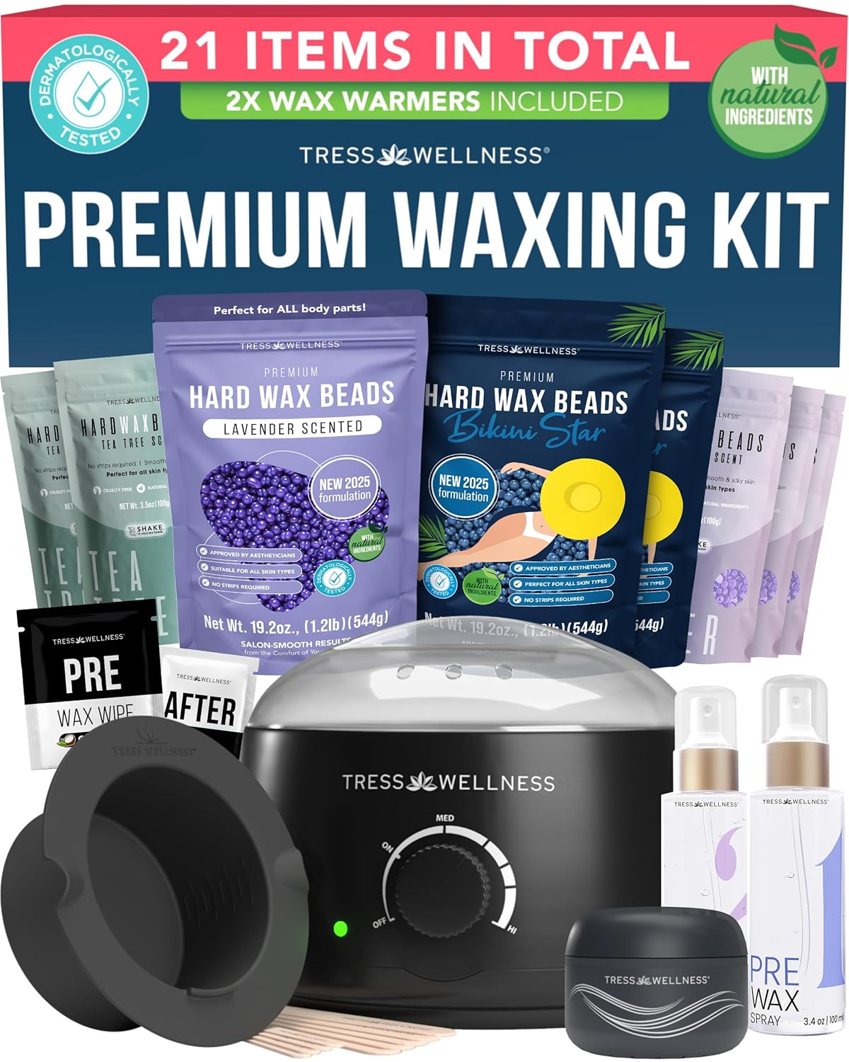 Tress Wellness Deluxe Waxing Kit for Sensitive Skin – Safe for Face & Skin, Prep & Aftercare Spray, Easy to Use – At-Home Kit for Face, Bikini, Brazilian & Full Body, Black & White