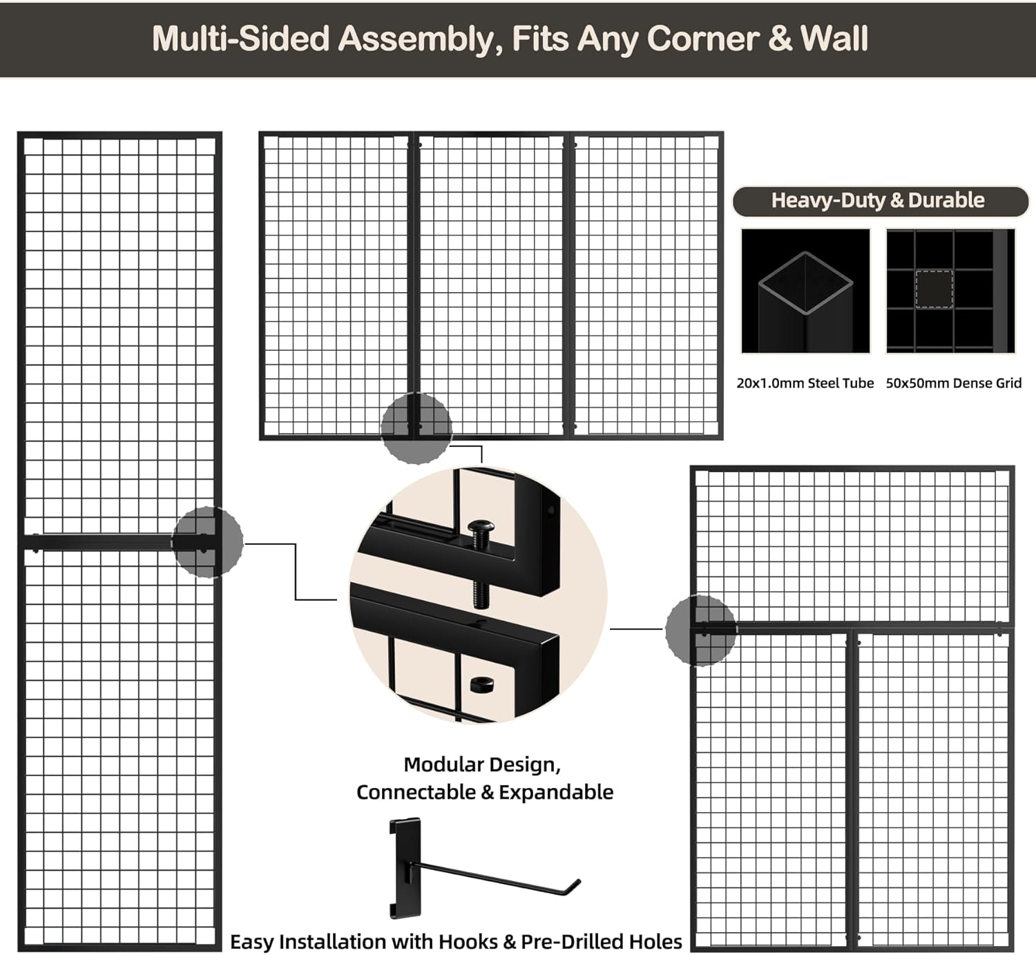 3pcs Grid Wall Panels Display Stand -Wire Grid Hanging Rack with 30 Hooks, Freely Assembled Art Display Panels/Workshop Wall Mount Storage Rack Garage Organization