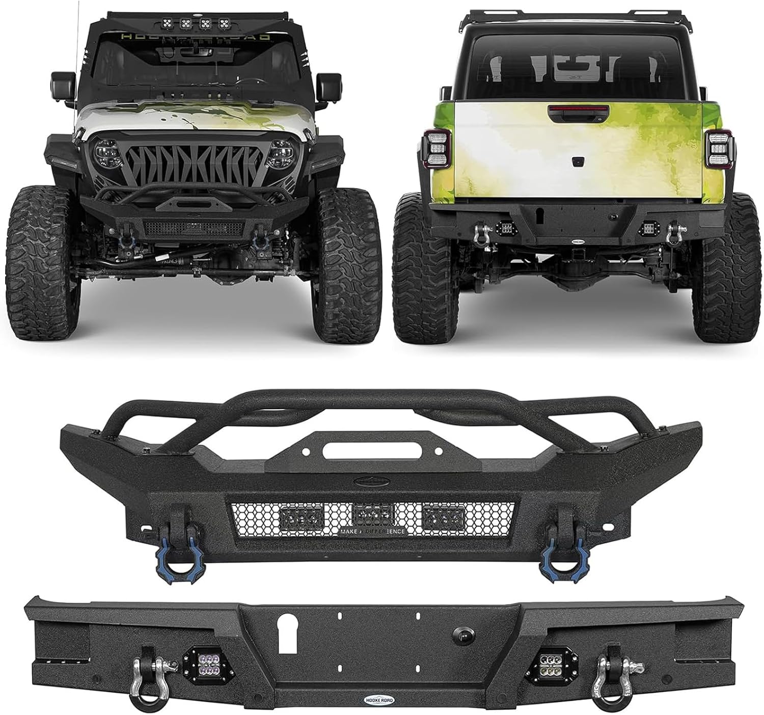 Hooke Road Gladiator Front and Rear Bumper Kit for 2020-2026 Jeep Gladiator JT, Heavy-Duty Steel Bull Bar & Grille Guard, 12,000 lb Winch Plate, LED Lights, D-rings, Off-Road Armor Upgrade