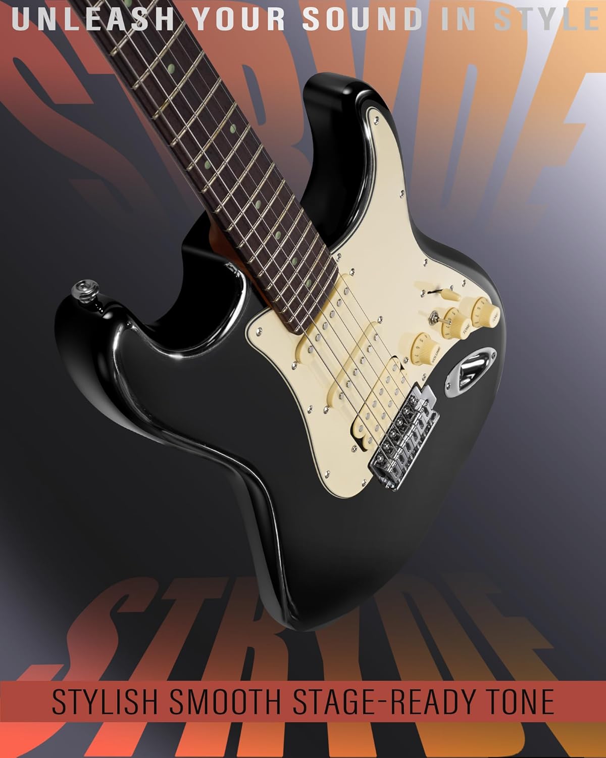 AKLOT Beginner Electric Guitar Kit: 10W Amp, Coil-Split HSS Pickups, Roasted Maple Neck, Gig Bag, Lesson Book, Tuner, Strap, Picks, Stryde Phantom Black