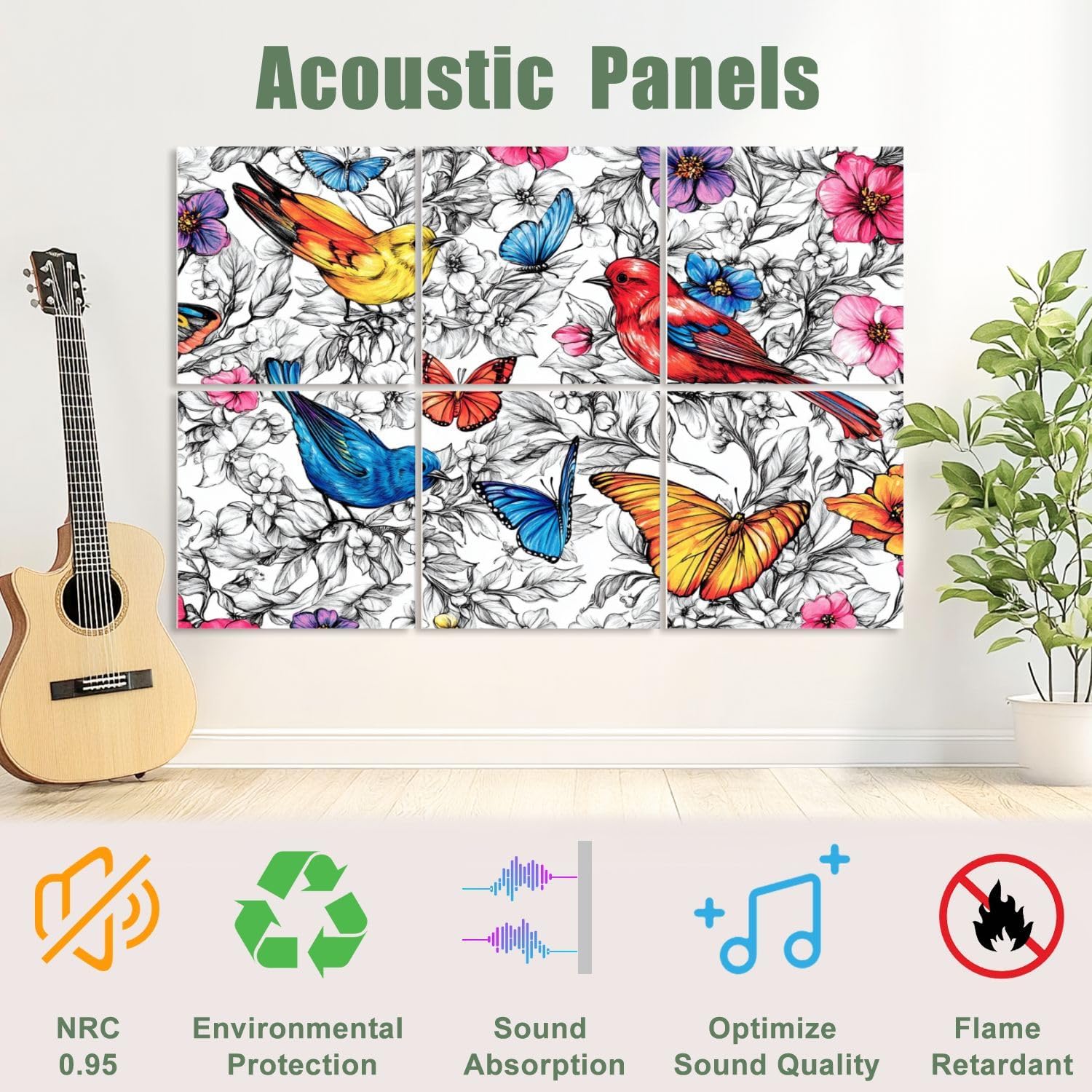 6 Pack Art Acoustic Panels Sound Absorbing Black And White Floral Birds Butterflies Flowers Leaves Branches Hand Decorative Soundproof Wall Panels Self Adhesive for Recording Studios Office 72