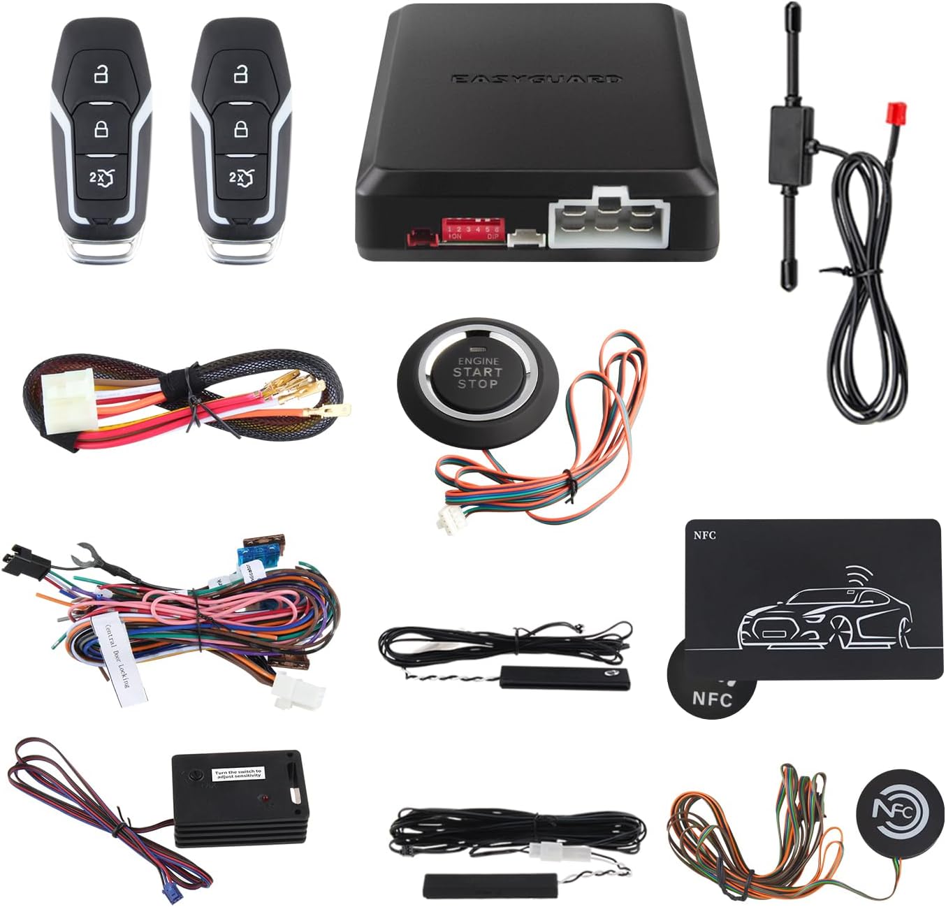 EASYGUARD EC002-FO2-NS Smart Key Passive keyless Entry Kits with Push Start Button Remote Start PKE Lock and Unlock DC12V