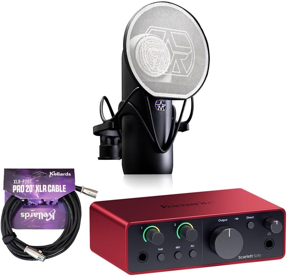 Focusrite Scarlett Solo USB-C Audio Interface (4th Gen) Bundle with Aston Microphones Element Microphone KT and Kellards XLR-P20T Pro 20 ft XLR Microphone Cable, XLR Male to Female Cable 3-Pin