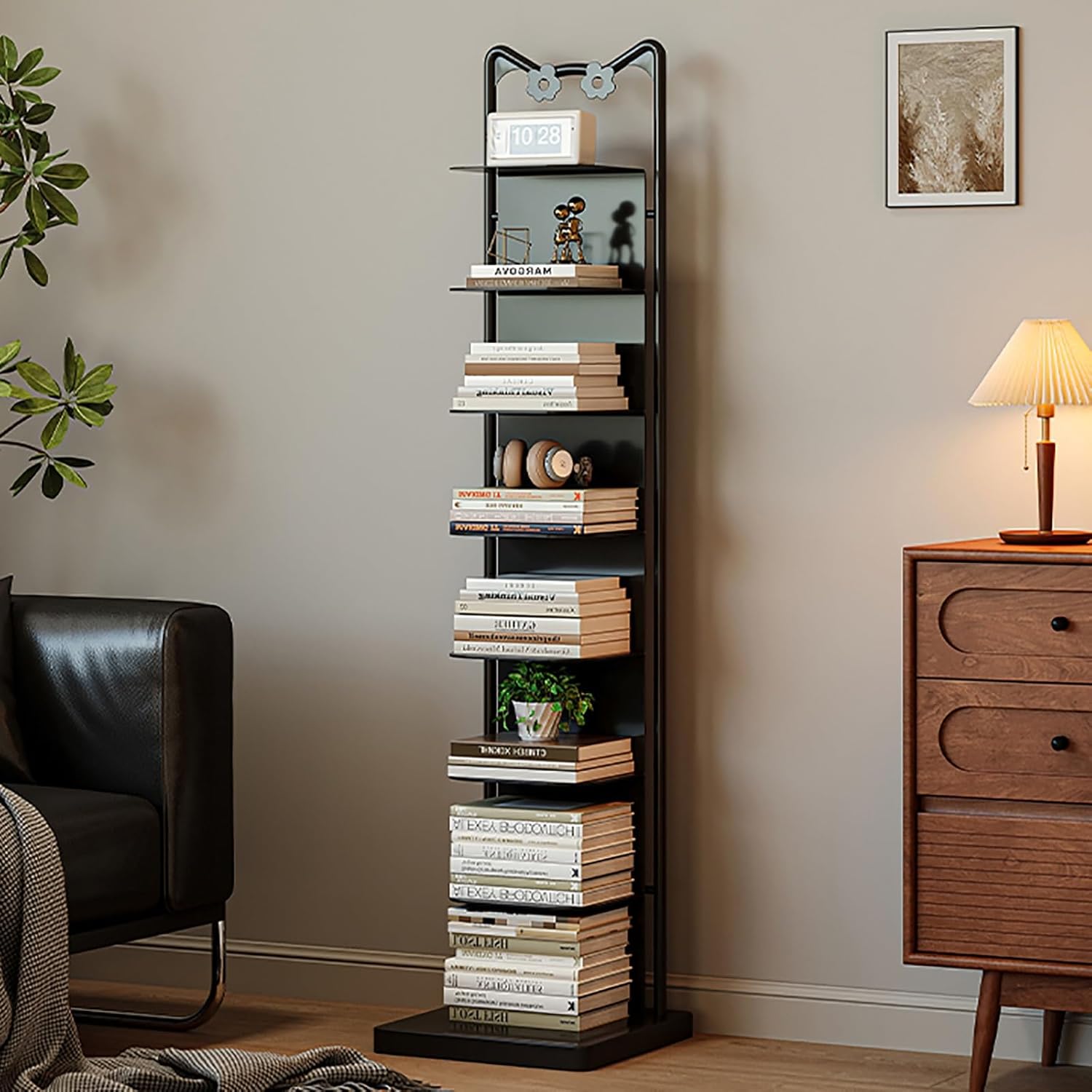 Floor-Standing Vertical Invisible Bookshelf, Corner Bookcase 6/8 Layers, Spine Storage Rack, Modern Freestanding Display Shelves, Suitable for Living Room, Study(White,136cm/53.5in)