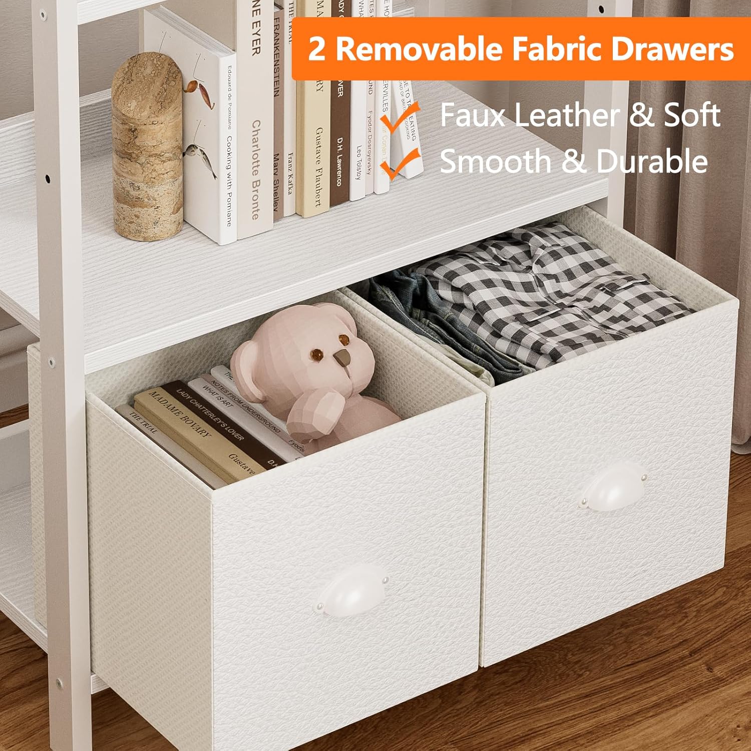 Furologee 5 Tier Bookshelf with Drawers, White Tall Bookcase with Shelves, Wood and Metal Bookshelves Storage Organizer, Modern Display Free Standing Shelf Unit for Bedroom, Living Room, Office