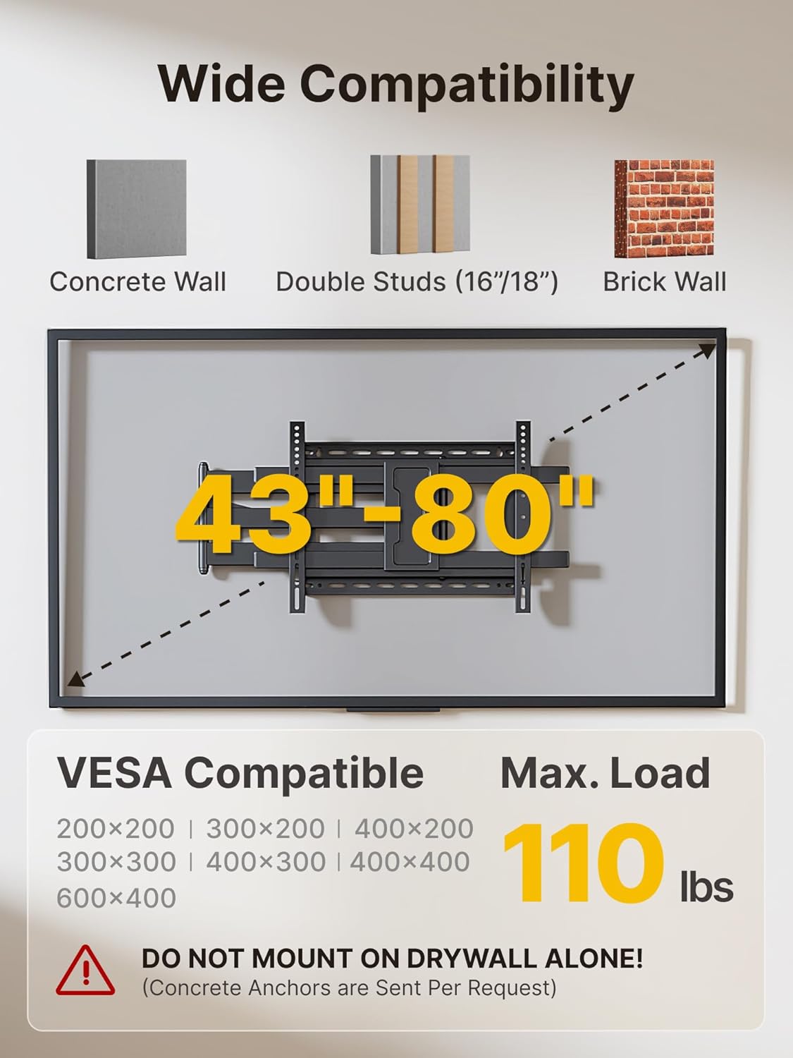 monTEK Long Arm TV Wall Mount for Most 43-80 Inch TVs, 42 Inch Long Extension TV Mount Swivel and Tilt, Full Motion Wall Mount Tv Bracket Fit Max VESA 600 x 400mm, Up to 110 lbs, 16”,18” Studs