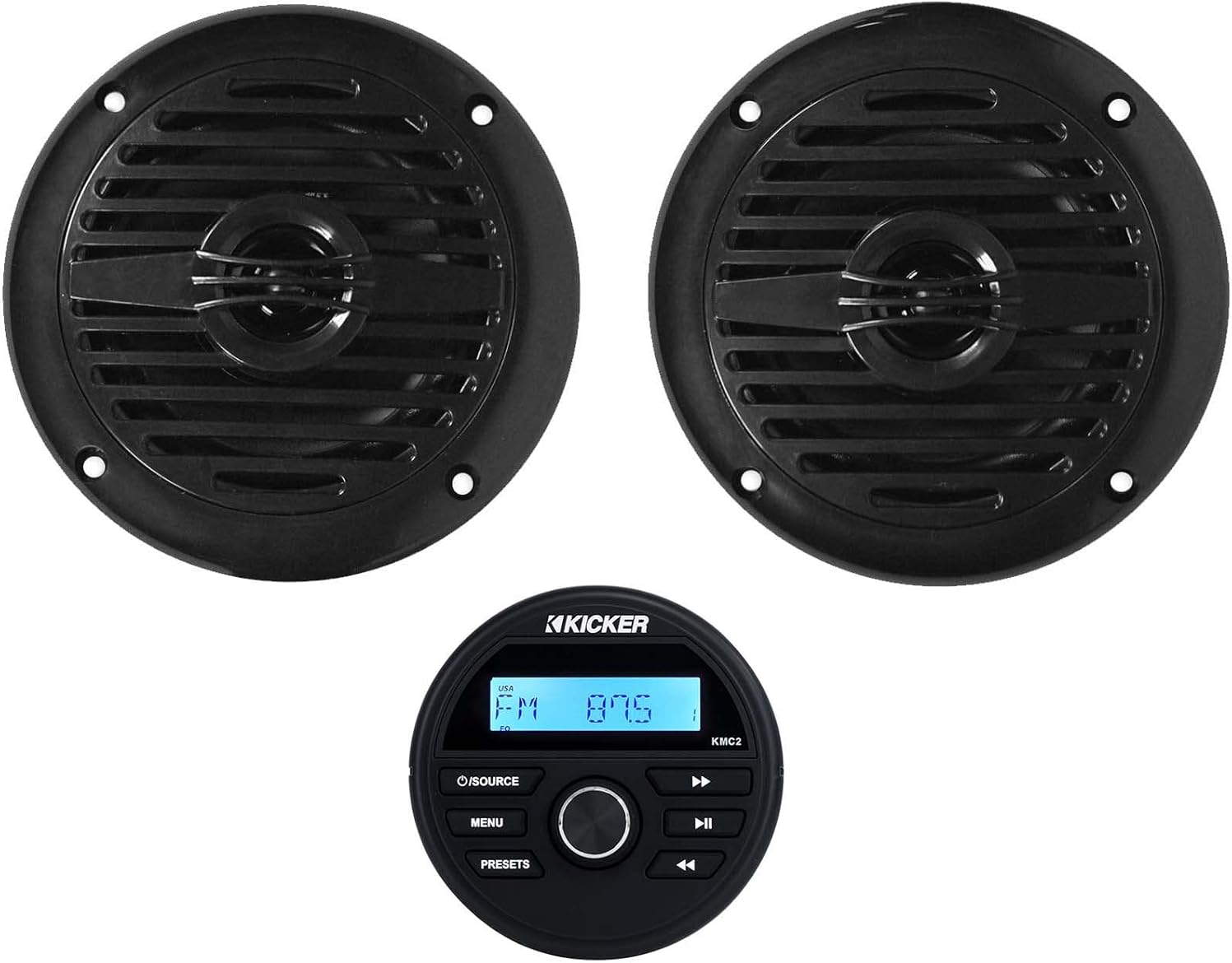 Kicker KMC2 Gauge Hole Digital Media Receiver w/Bluetooth/USB for Boat/ATV/UTV Bundle with Pair Rockville MS40B Black 4