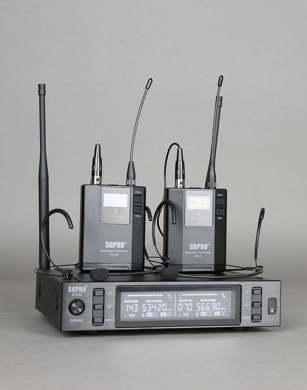 Dual Wireless Microphone System - Metal Transmitter & Receiver, 520-590 MHz Adjustable Frequency, Antenna Diversity, Superior Sound Quality, Ideal for Professional Audio and Events (SG-82BB)