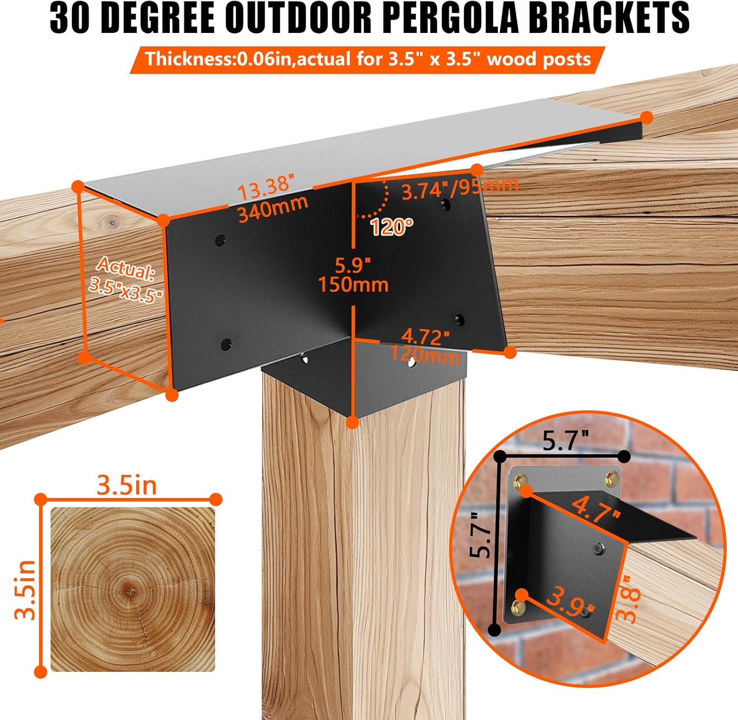 30° Slanted Roof Pergola Brackets Kit,4-Way Right Angled Corner Bracket with Wall Mount Post Base for 4x4 (Actual:3.5