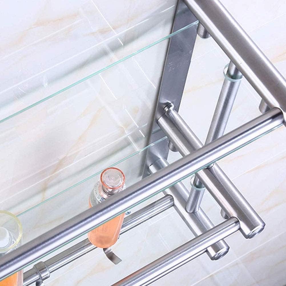 WOLWES SUS304 Stainless Steel Bathroom Glass Shelf with Towel Bar and Movable Hook Rustproof Wall Mount 40-50cm Punch Installation (Color : 2 Tiers, Size : 40cm)
