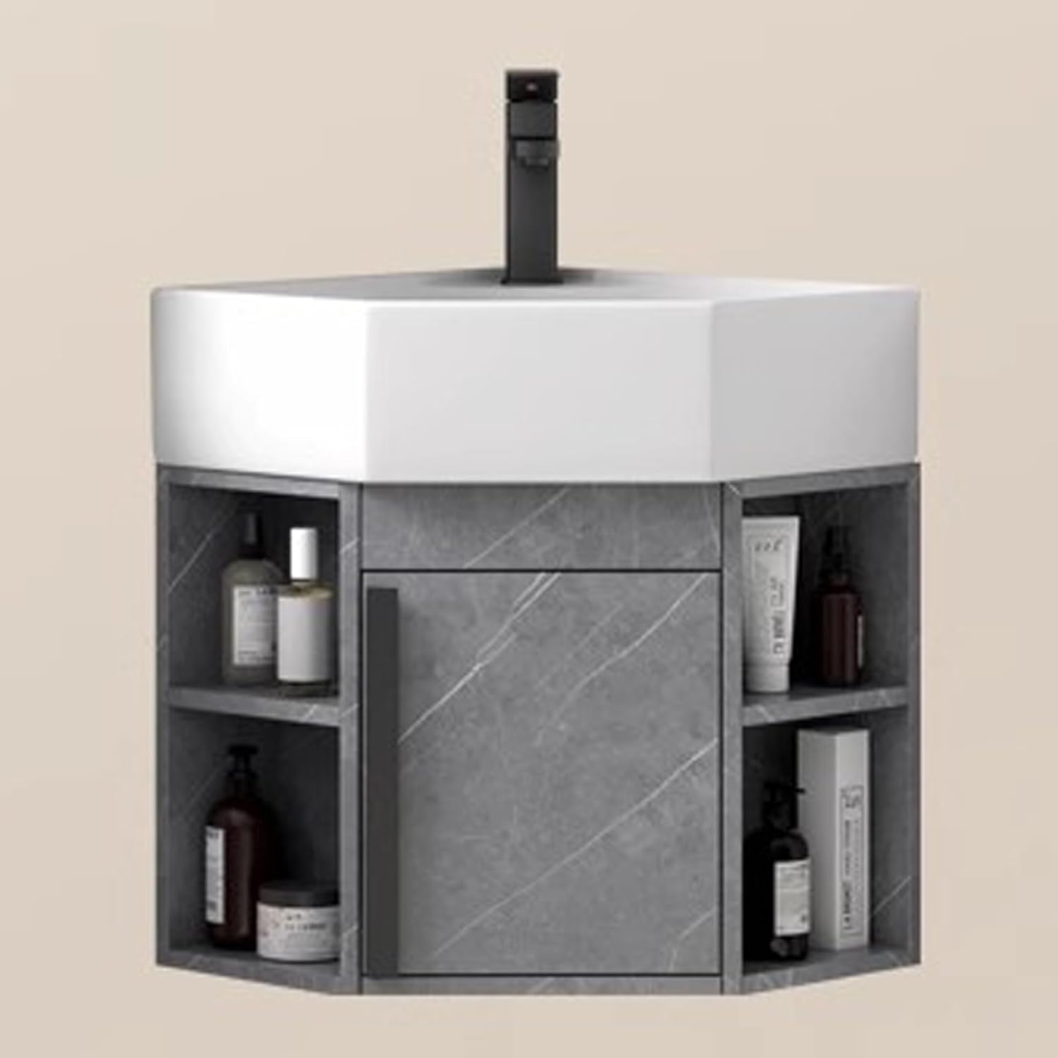 Corner Bathroom Sink, Corner Wall Mount Bathroom Vanity, Corner Sink with Faucet and Drain, Wall Hung Floating Porcelain Ceramic Wash Basin, for Kitchen Home(Gray,40cm/15.7in)