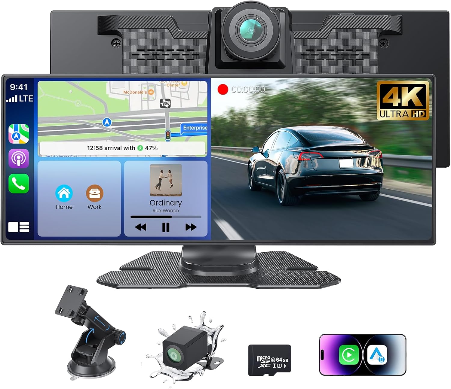 11.26”Coocom Portable CarPlay Screen for Car,Car Stereo with Apple CarPlay & Android Auto,Incell Touch Screen,4K Dash Cam,1080P Backup Camera,Mirror Link, Voice Control, Bluetooth 5.3,GPS,FM