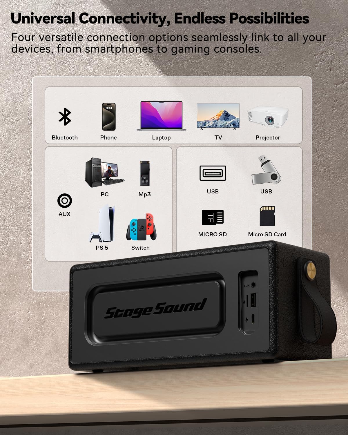 Bluetooth Speaker, StageSound Retro Speakers Bluetooth Wireless, Portable Loud Speaker with Bass Boost, IP67 Waterproof, LED Lights, TWS Pairing, 12H Playtime, TF/AUX/USB Play for Party, Home, Outdoor