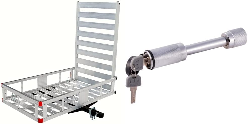 MaxxHaul 80779 50” x 29.5” Trailer Hitch Mount Aluminum Cargo Carrier with High Side Rails with 47” Ramp for RV's, Trucks, SUV's, Vans - 500 lb. Capacity & 70050 Trailer Hitch Lock - Heavy Duty 5/8”