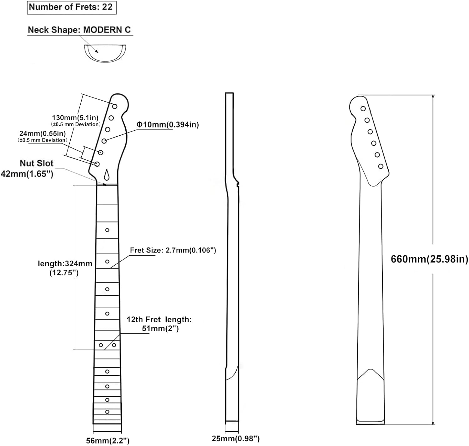 22fret Yellowish Matte Electric Guitar Neck Canadian Maple,Cow Bone Nut