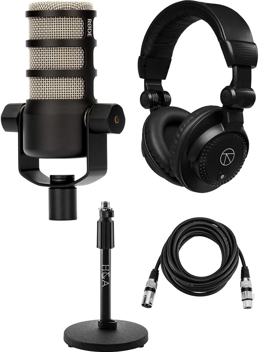 Rode PodMic Dynamic Podcasting Microphone, Bundle with Turnstile Audio TAPH100 Studio Monitor Headphones, H&A Tabletop Microphone Stand, Value Series 15' XLR M to F Mic Cable