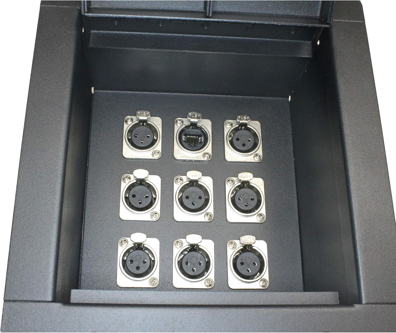 Recessed Stage Floor Box with Passthrough Connectors (8 Female XLR, 1 Ethernet)