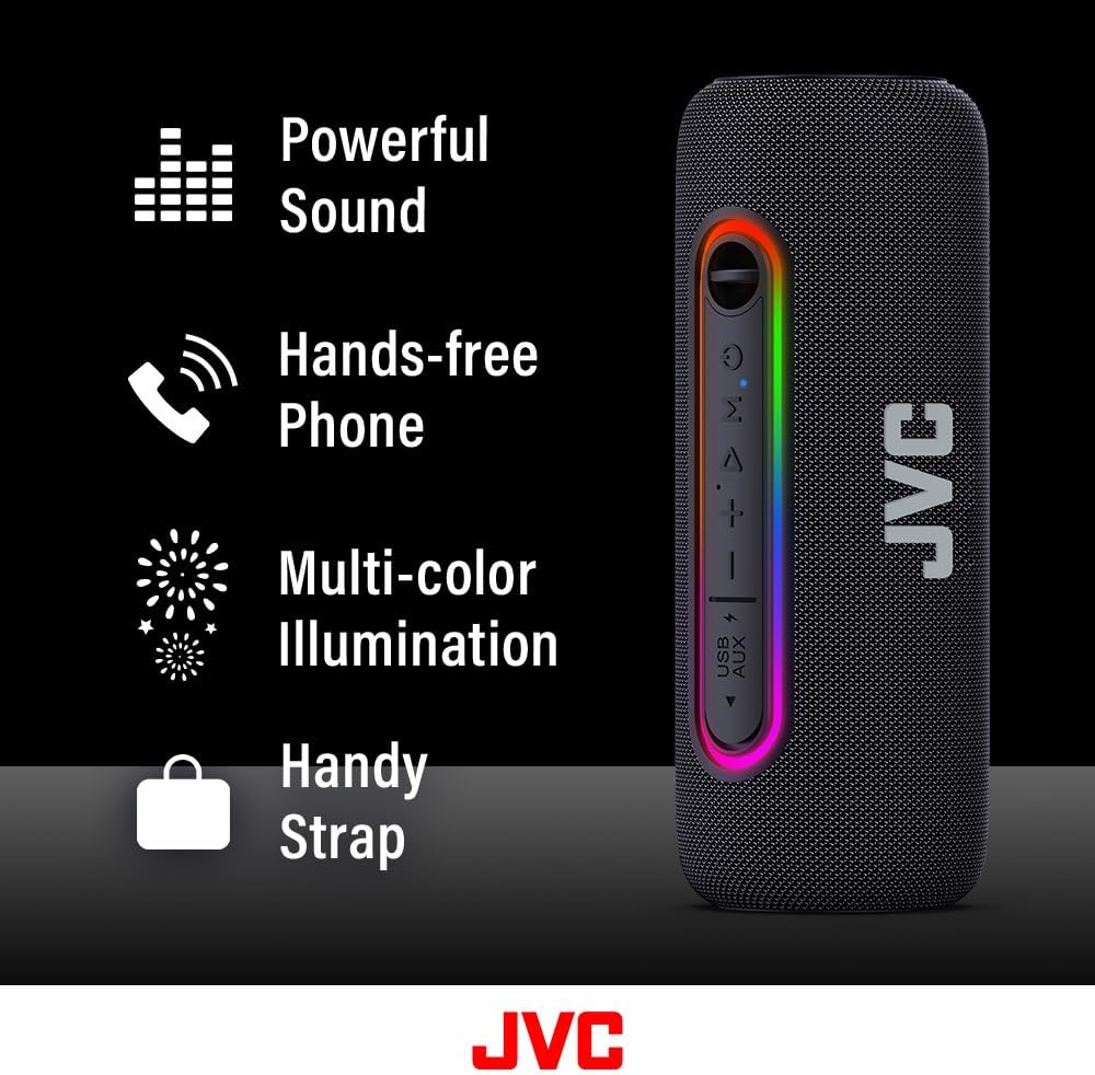 JVC Illuminated Portable Wireless Speaker with 20W max outputs, Dynamic Sound, Bluetooth 5.0, TWS Capability, USB-C, IPX5, AUX in, up to 5-Hour Battery Life - SPPA5BTB (Black)