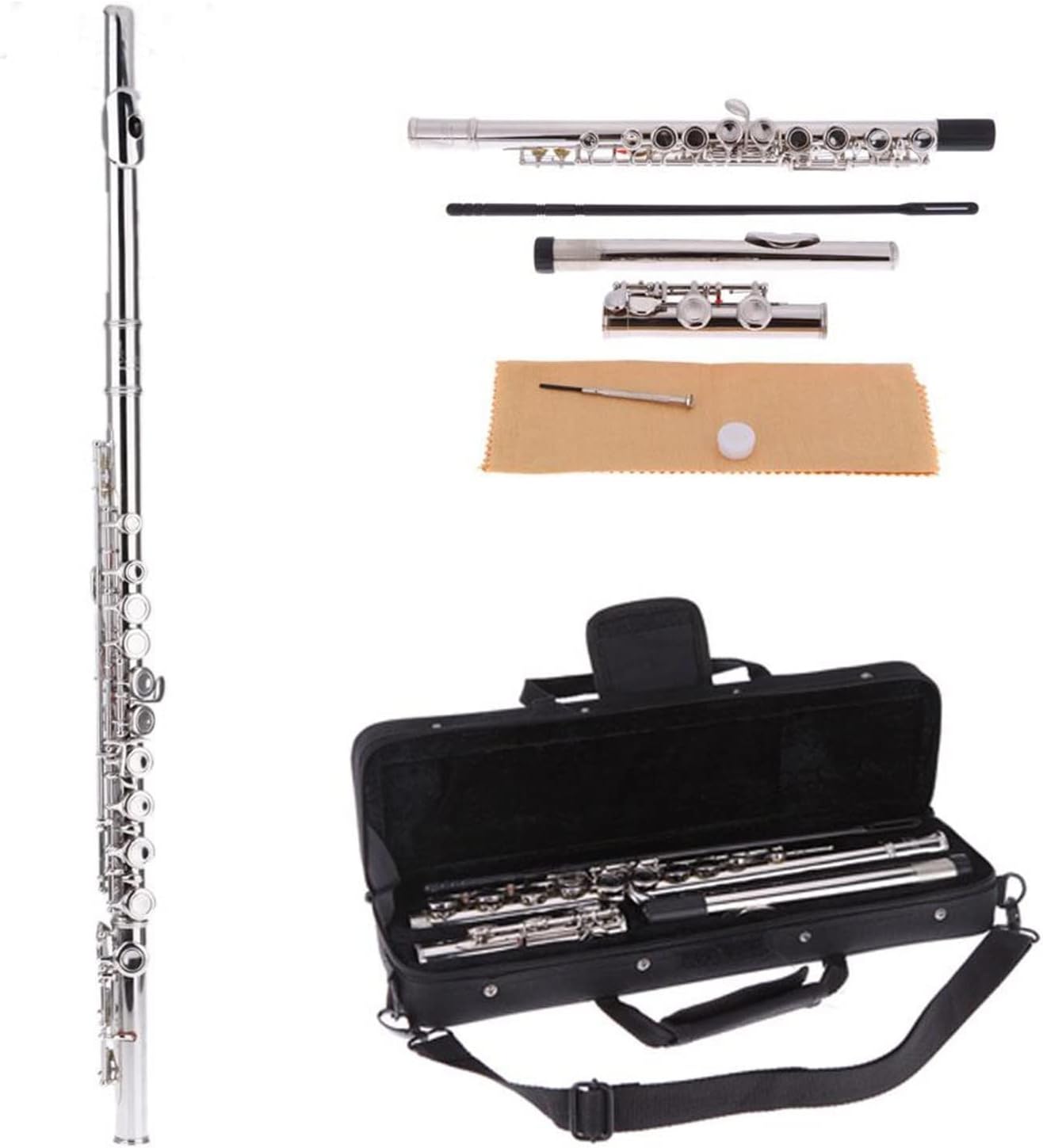Flute Musical Instrument Western Concert Flute Silver Plated 16 Holes C Key Cupronickel Woodwind Instrument with Cleaning Cloth Stick Bag Starter Flute