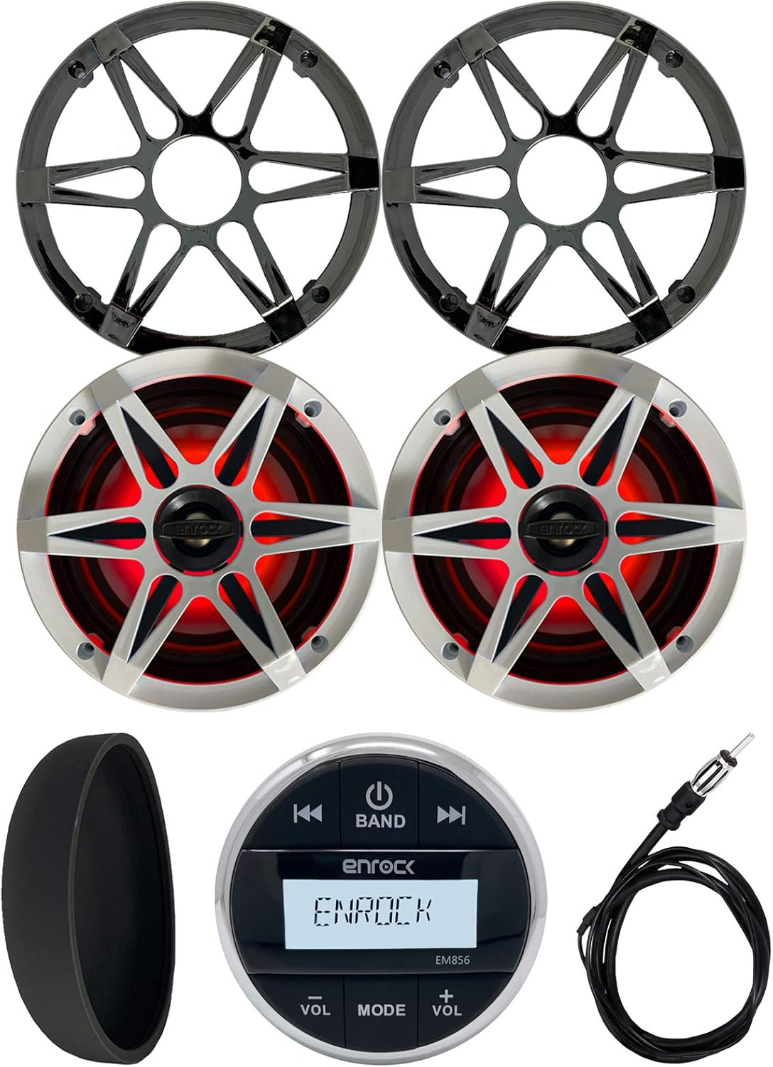 Enrock Marine Gauge Style Media Center Bluetooth USB AUX Receiver Bundle Combo with 2X 6.5 120W Waterproof 2-Way Multicolor LED Speakers with Chrome/White Grilles, Radio Cover, Wired AM/FM Antenna
