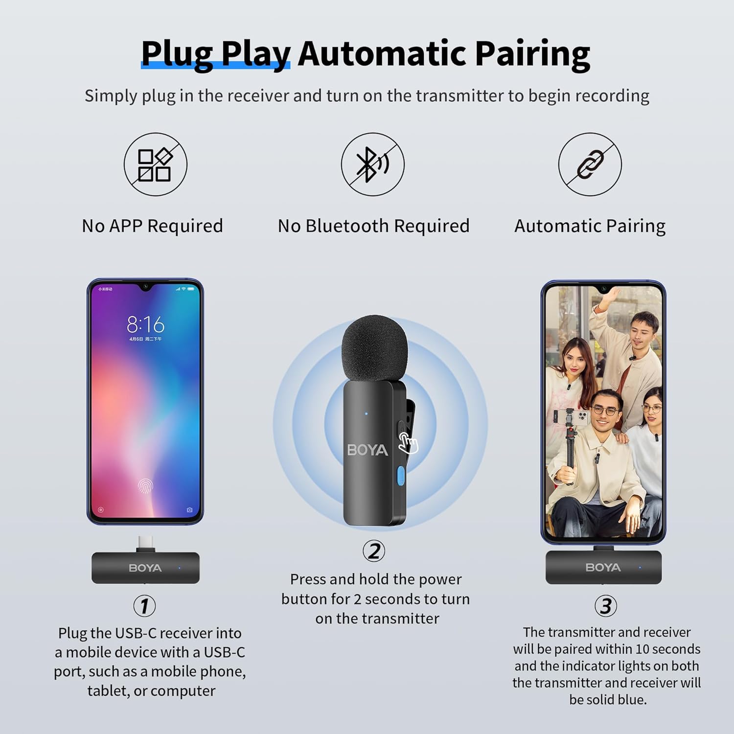 BOYA BY-V4U Wireless Lavalier Microphone for iPhone 15/16 Series, Mini Microphone 200m Range, 18h Battery Life with Noise Cancellation, Compatible for Video Recording, Podcasts, Interviews