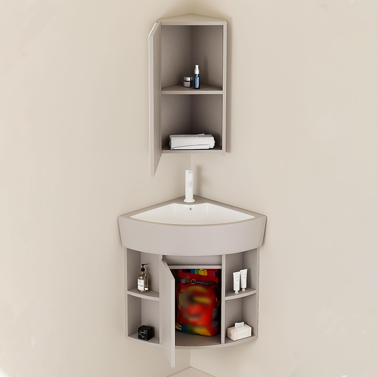 Wall Mount Corner Bathroom Sink,Corner Balcony Sink With Storage,Container Triangle Ceramic Wall Mount Sink with Storage Space, Corner Vanity for Small Space(19in/48cm)