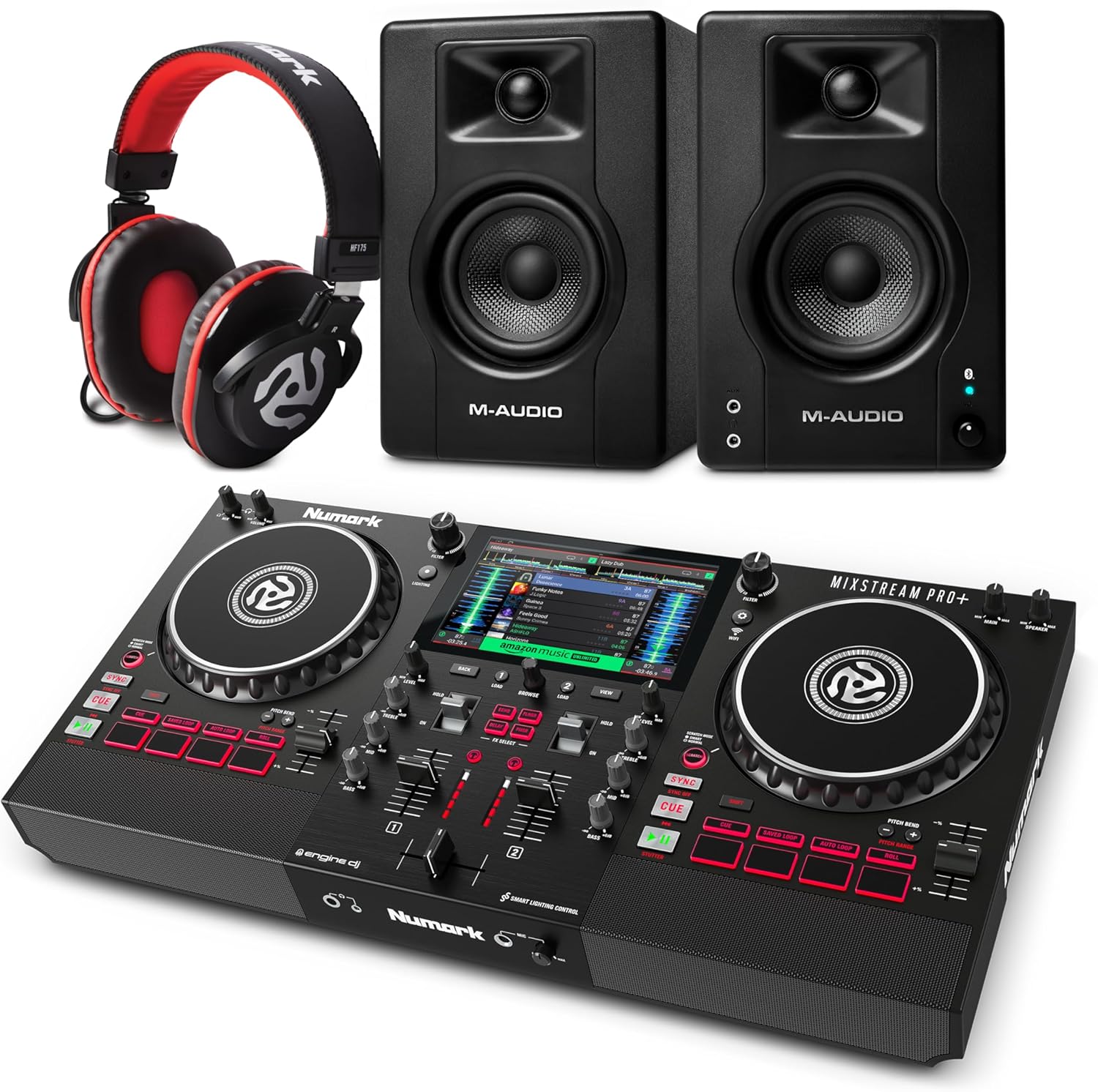 Numark Mixstream Pro+ DJ Controller and M-AUDIO BX3 Pair Bluetooth Studio Monitors and Headphones for Live Music, DJ sets, Events, and Music Production