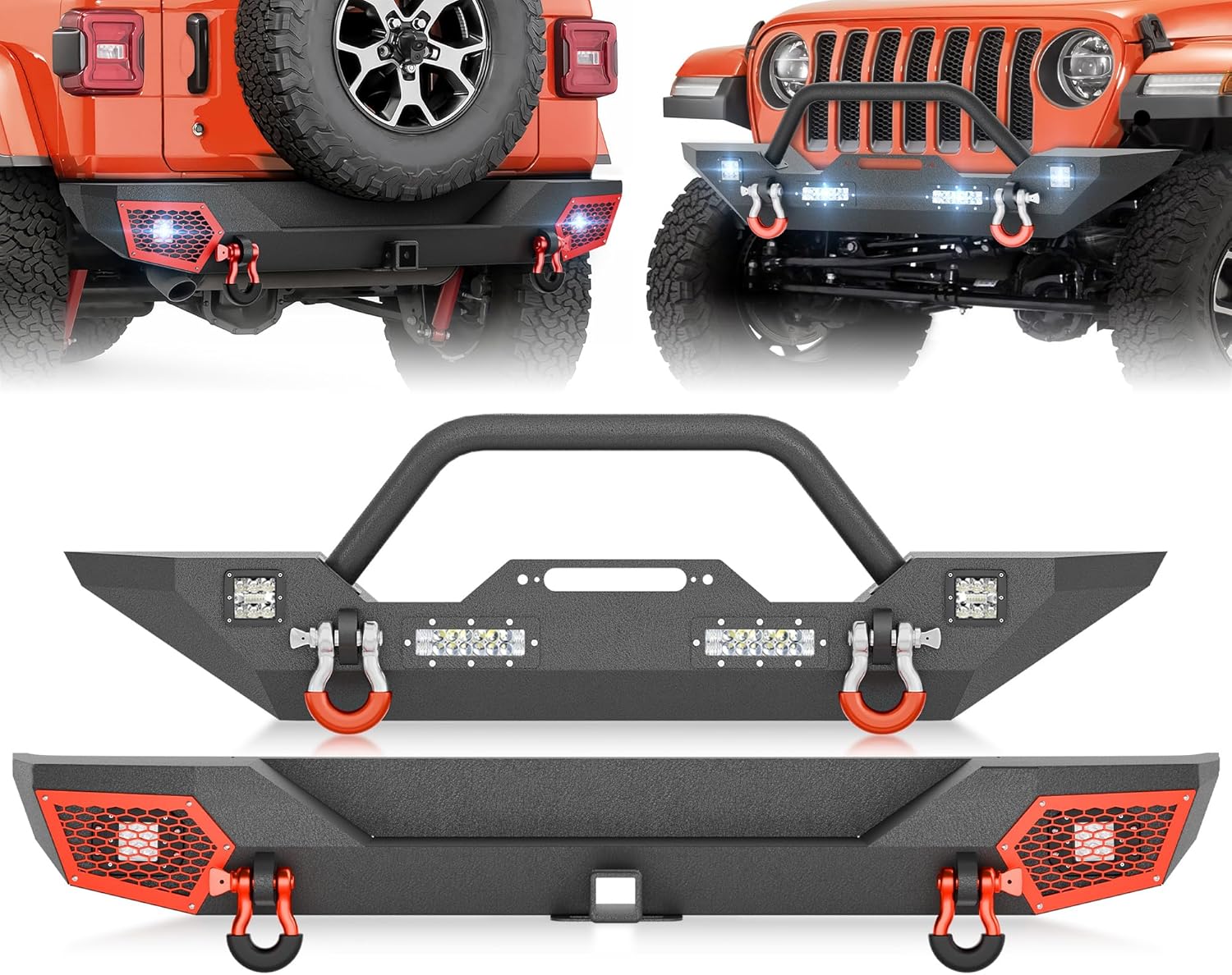 SUORTO for JL JLU Off-road Front and Rear Bumpers Compatible with 2018-2026 Jeep Wrangler JL JLU Unlimited (2/4 Doors) Equipped with Winch Plate, Paintable Armor, 2